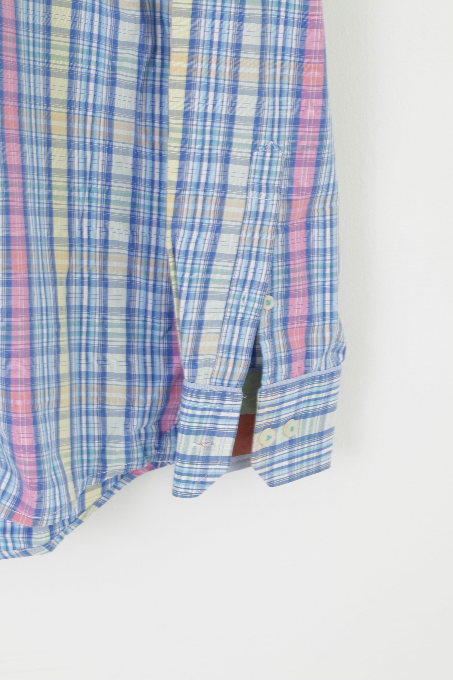 Vedoneire Men L Casual Shirt Blue Check Cotton Long Sleeve Button Down Collar Top