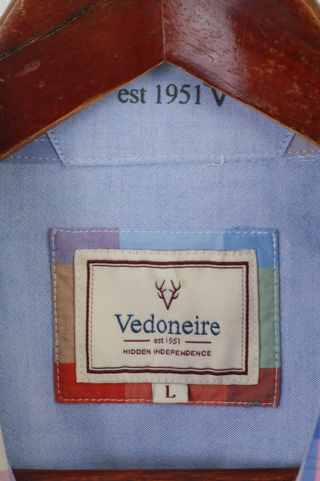 Vedoneire Men L Casual Shirt Blue Check Cotton Long Sleeve Button Down Collar Top