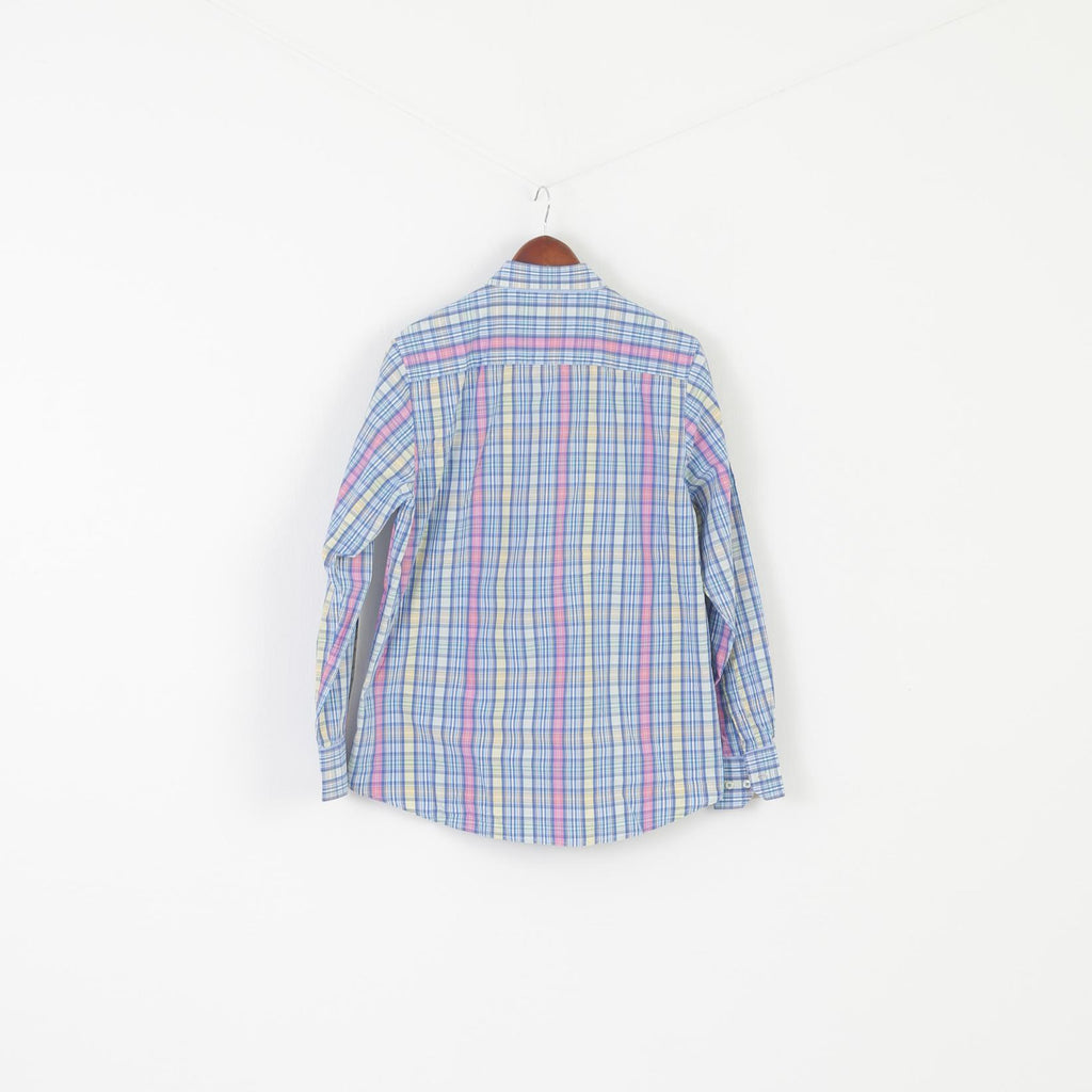Vedoneire Men L Casual Shirt Blue Check Cotton Long Sleeve Button Down Collar Top