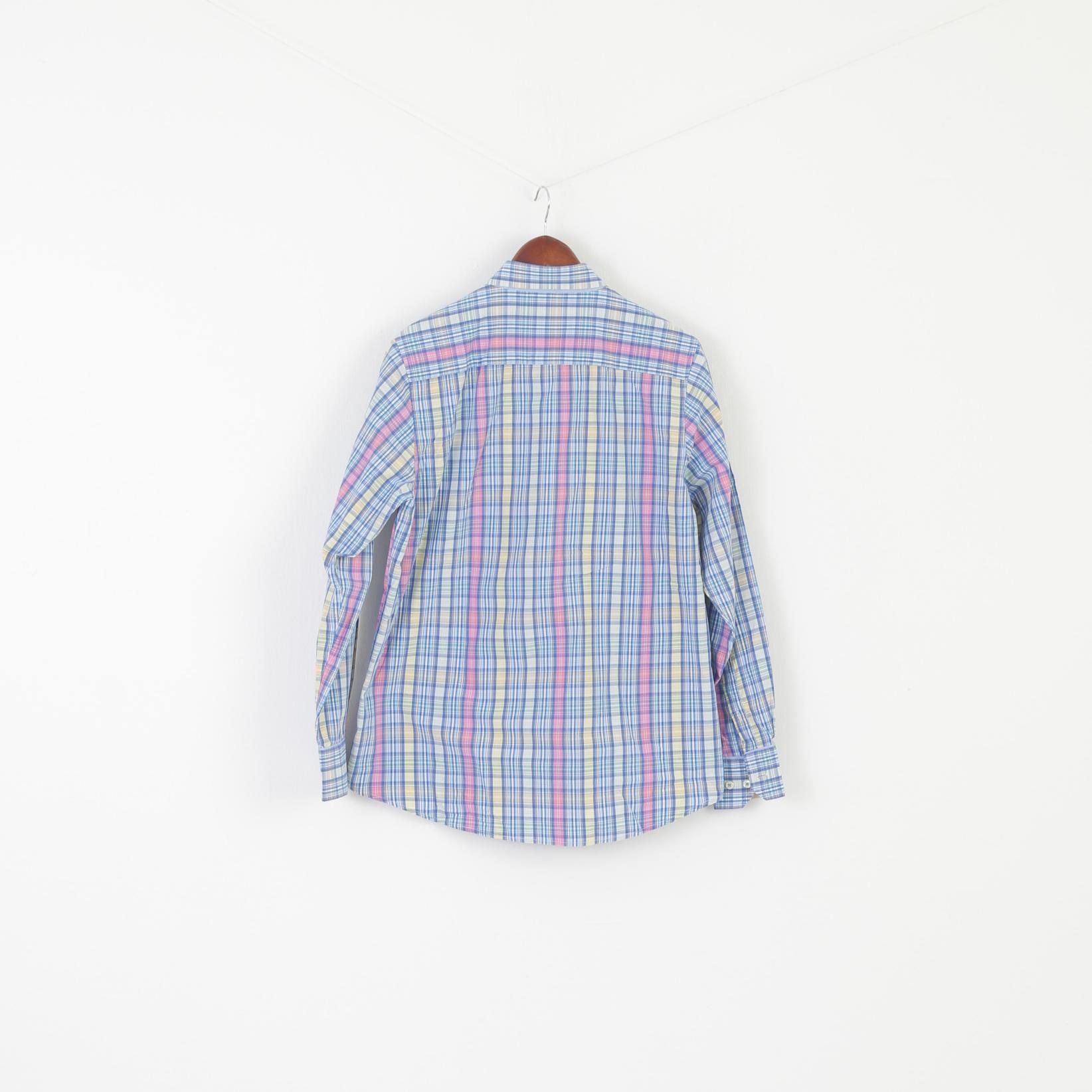 Vedoneire Men L Casual Shirt Blue Check Cotton Long Sleeve Button Down Collar Top