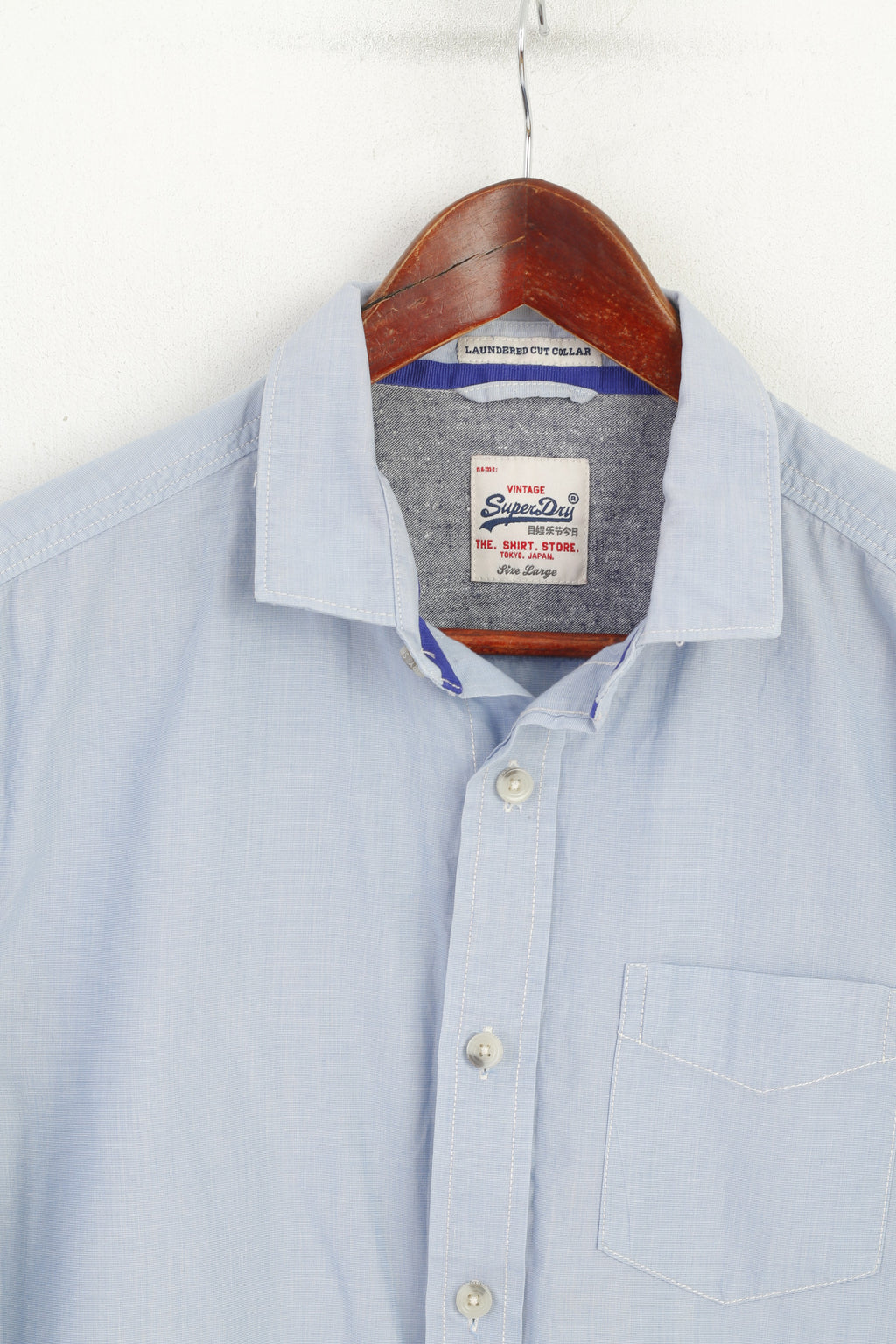 Superdry Men L (M) Casual Shirt Blue Cotton Lounered Cut Collar Long Sleeve Top