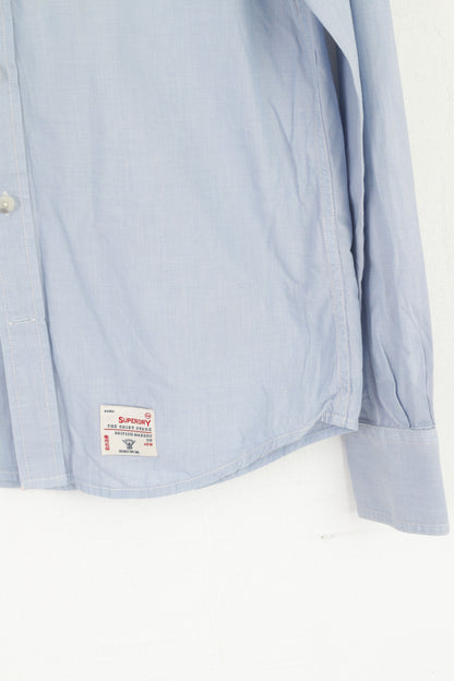 Superdry Men L (M) Casual Shirt Blue Cotton Lounered Cut Collar Long Sleeve Top