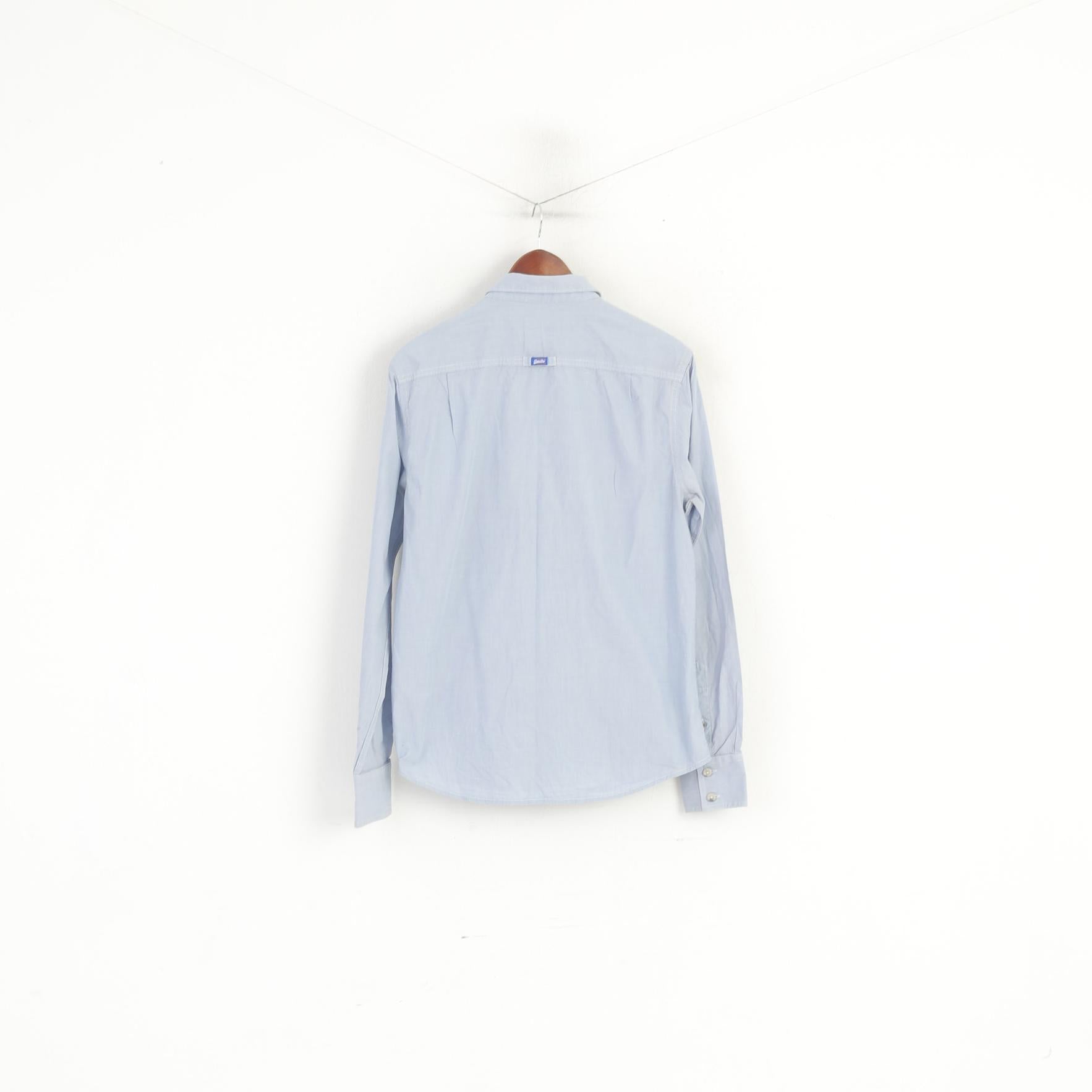 Superdry Men L (M) Casual Shirt Blue Cotton Lounered Cut Collar Long Sleeve Top