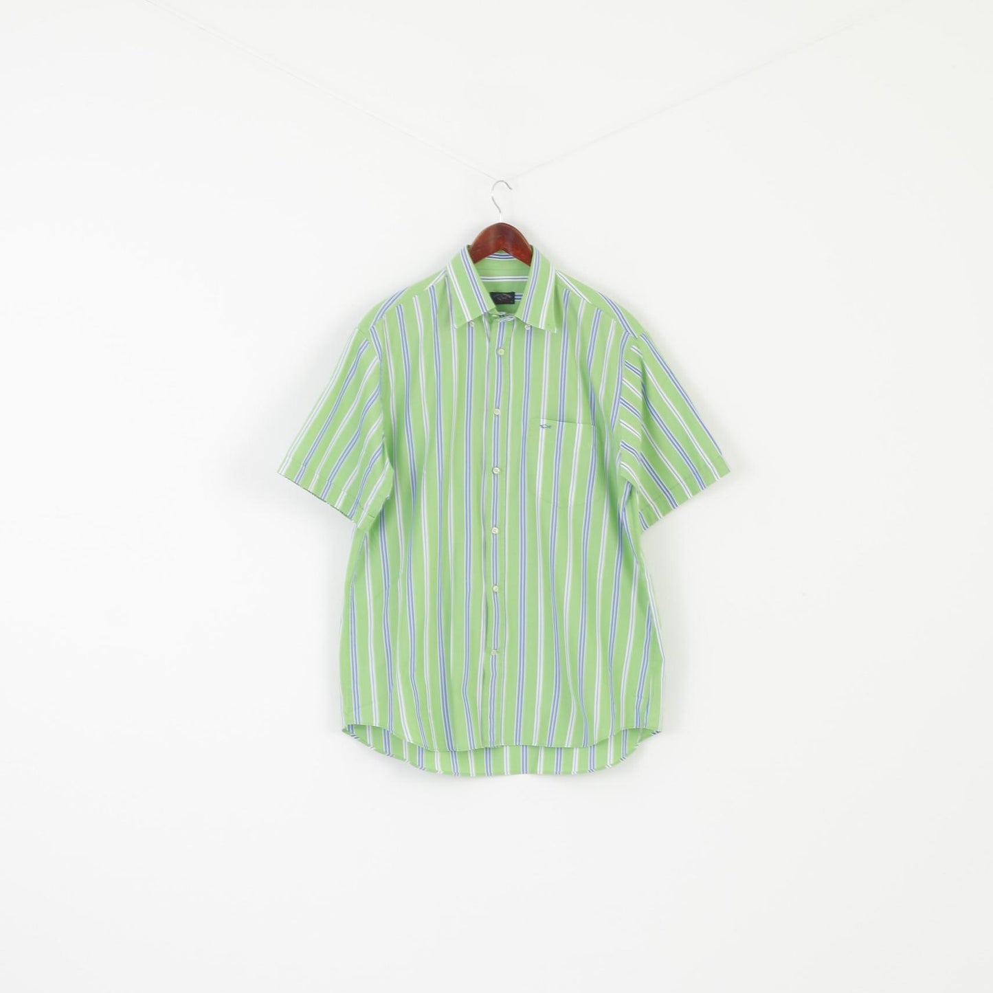 Paul & Shark Men 42 XL Casual Shirt Green Cotton Striped Pocket Short Sleeve Top