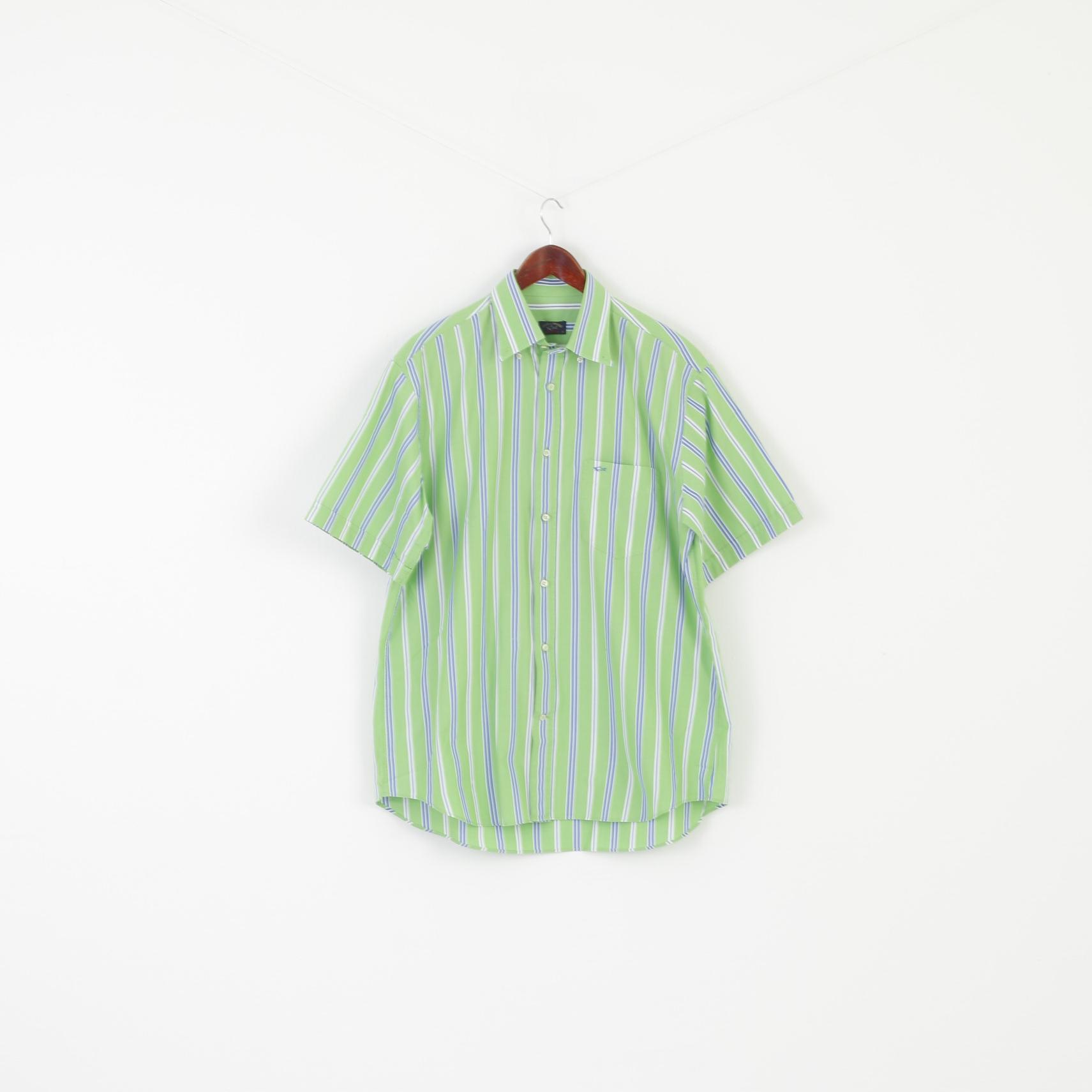 Paul & Shark Men 42 XL Casual Shirt Green Cotton Striped Pocket Short Sleeve Top