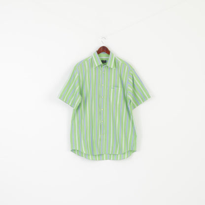 Paul & Shark Men 42 XL Casual Shirt Green Cotton Striped Pocket Short Sleeve Top