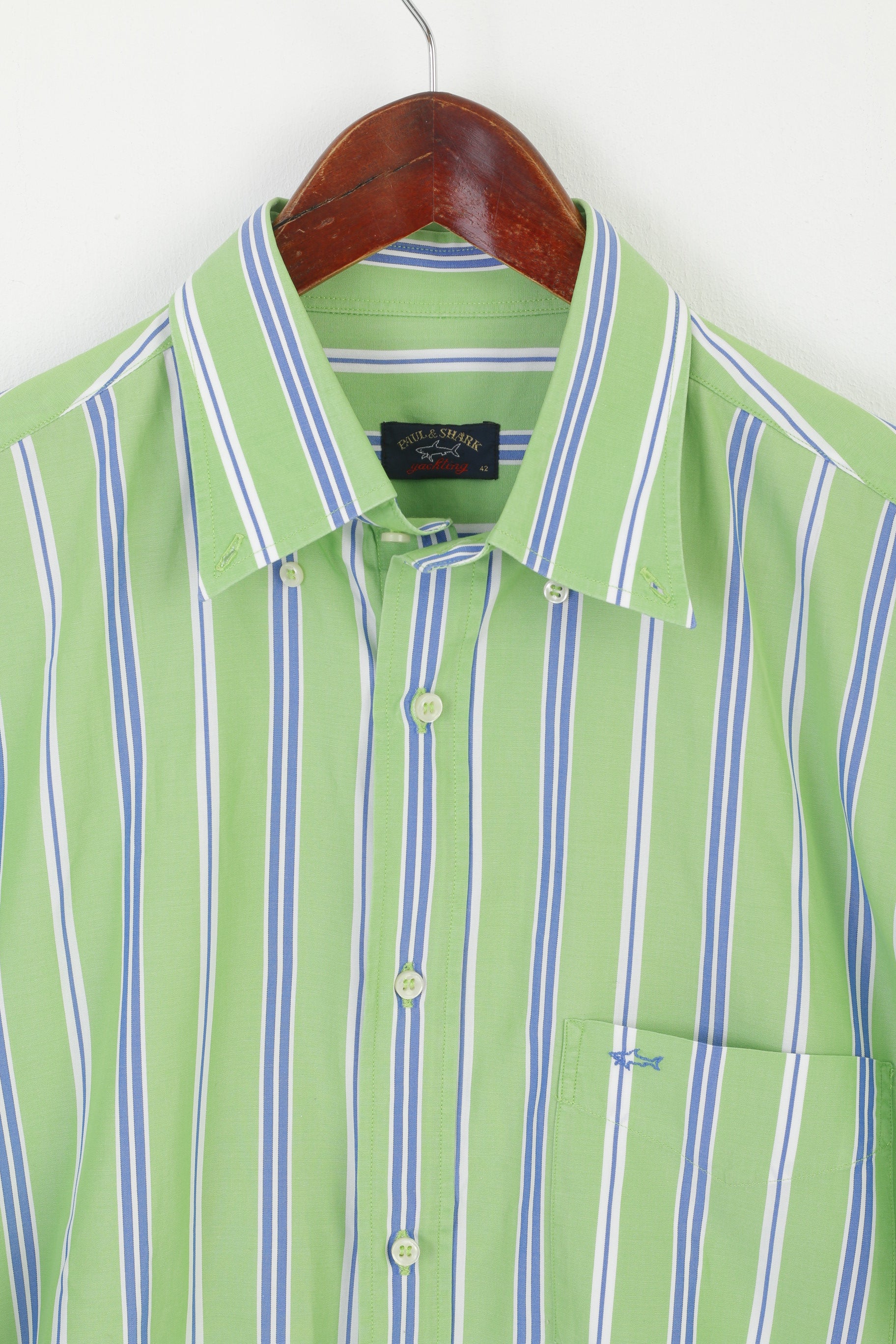 Paul & Shark Men 42 XL Casual Shirt Green Cotton Striped Pocket Short Sleeve Top