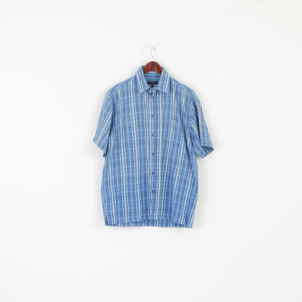 Joy Men L Casual Shirt Blue Cotton Classic Vintage Pocket Short Sleeve Top