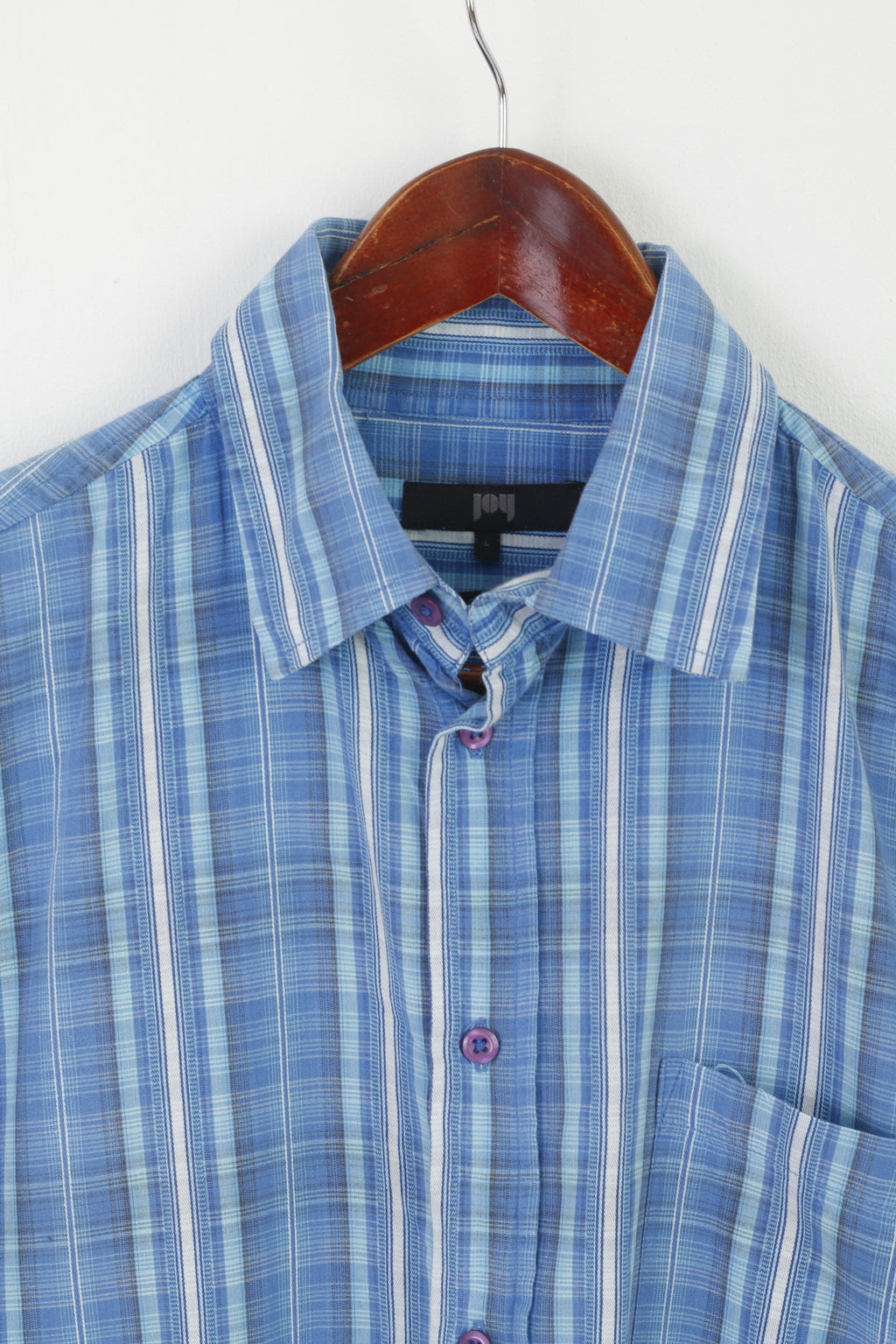 Joy Men L Casual Shirt Blue Cotton Classic Vintage Pocket Short Sleeve Top