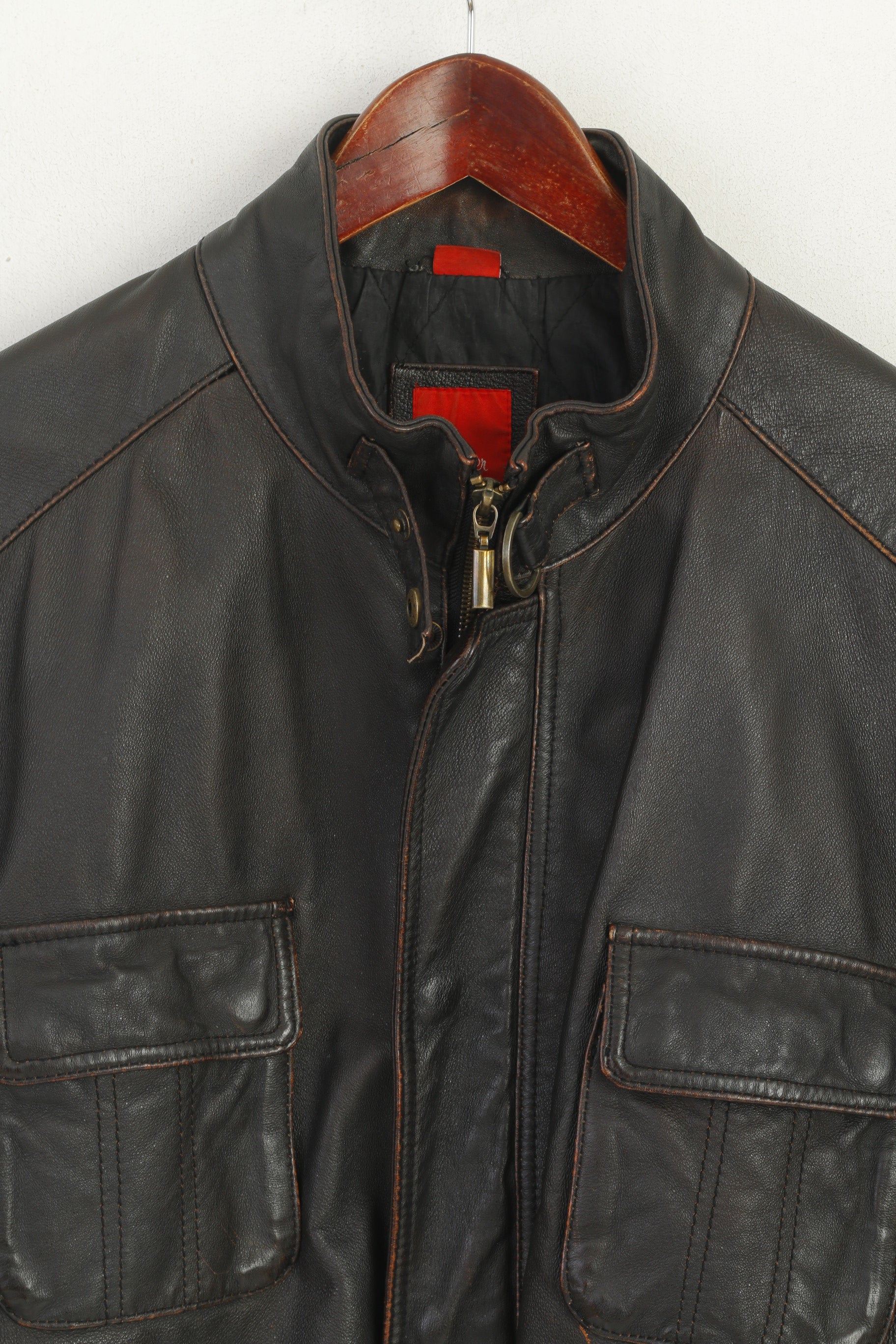 S. Oliver Men XXL Leather Jacket Dark Brown Multi Pockets Full Zipper Classic Top