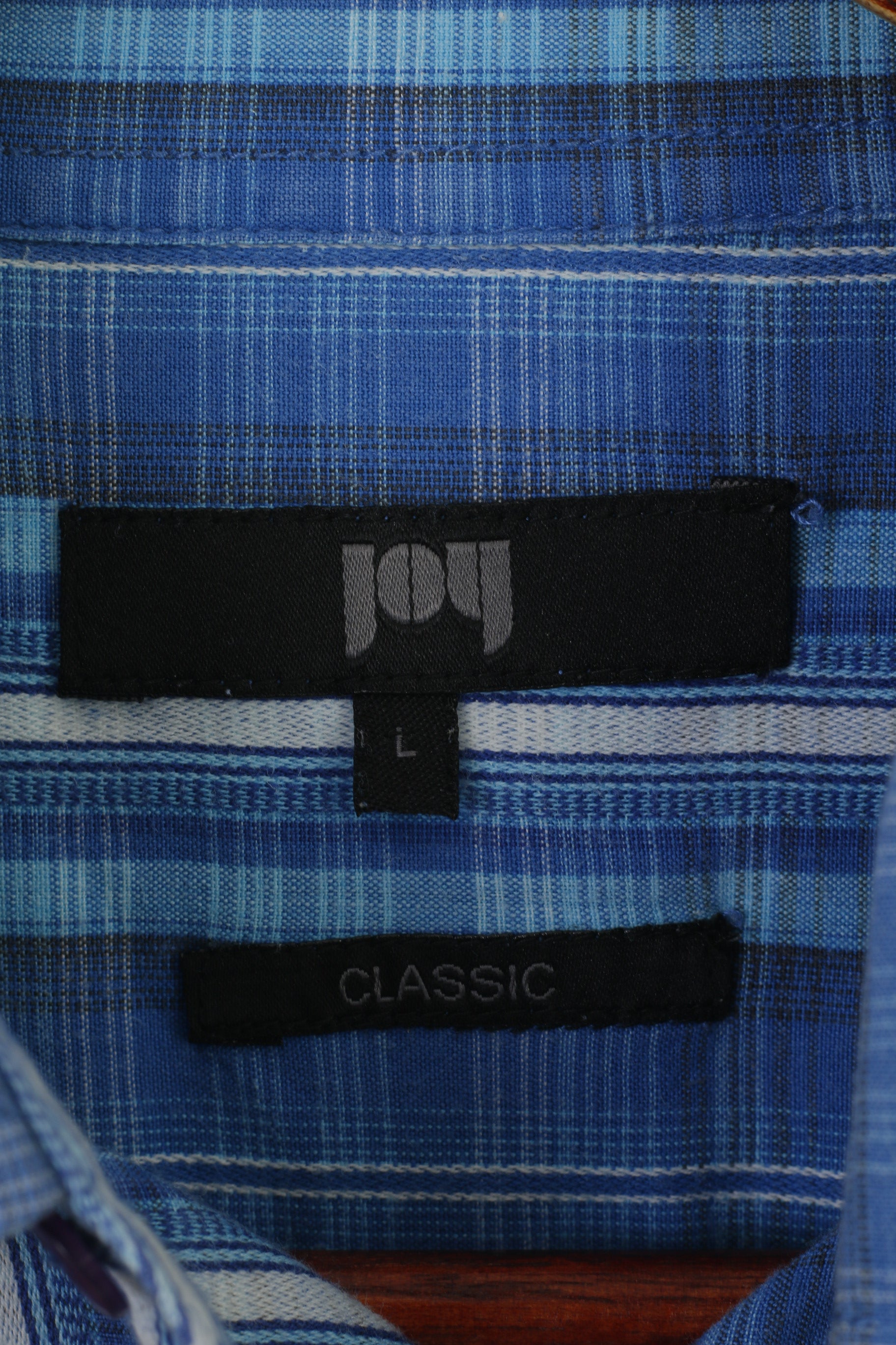 Joy Men L Casual Shirt Blue Cotton Classic Vintage Pocket Short Sleeve Top