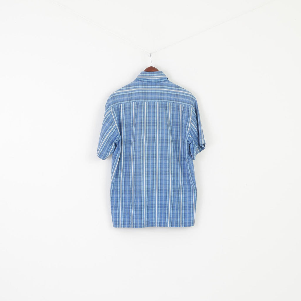 Joy Men L Casual Shirt Blue Cotton Classic Vintage Pocket Short Sleeve Top