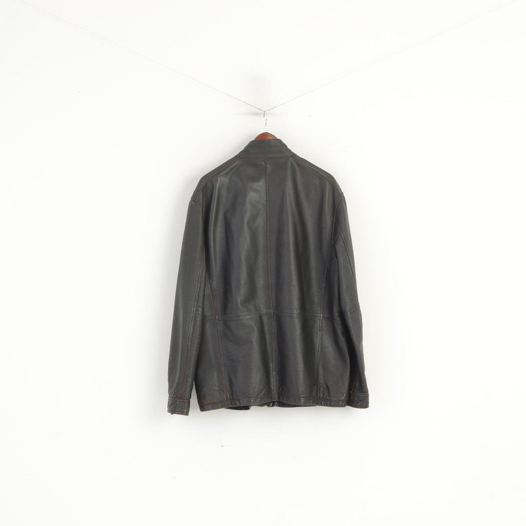 S. Oliver Men XXL Leather Jacket Dark Brown Multi Pockets Full Zipper Classic Top