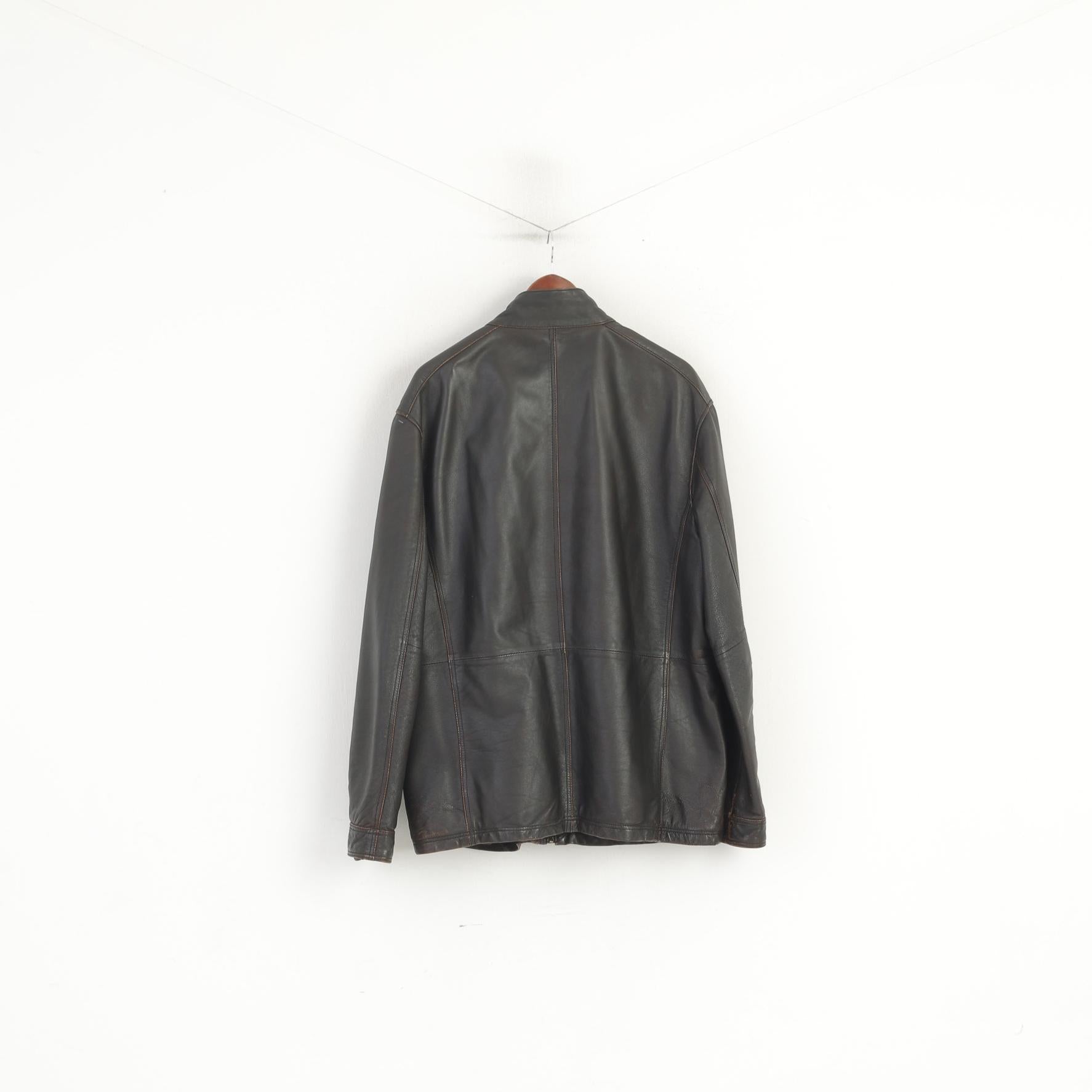 S. Oliver Men XXL Leather Jacket Dark Brown Multi Pockets Full Zipper Classic Top