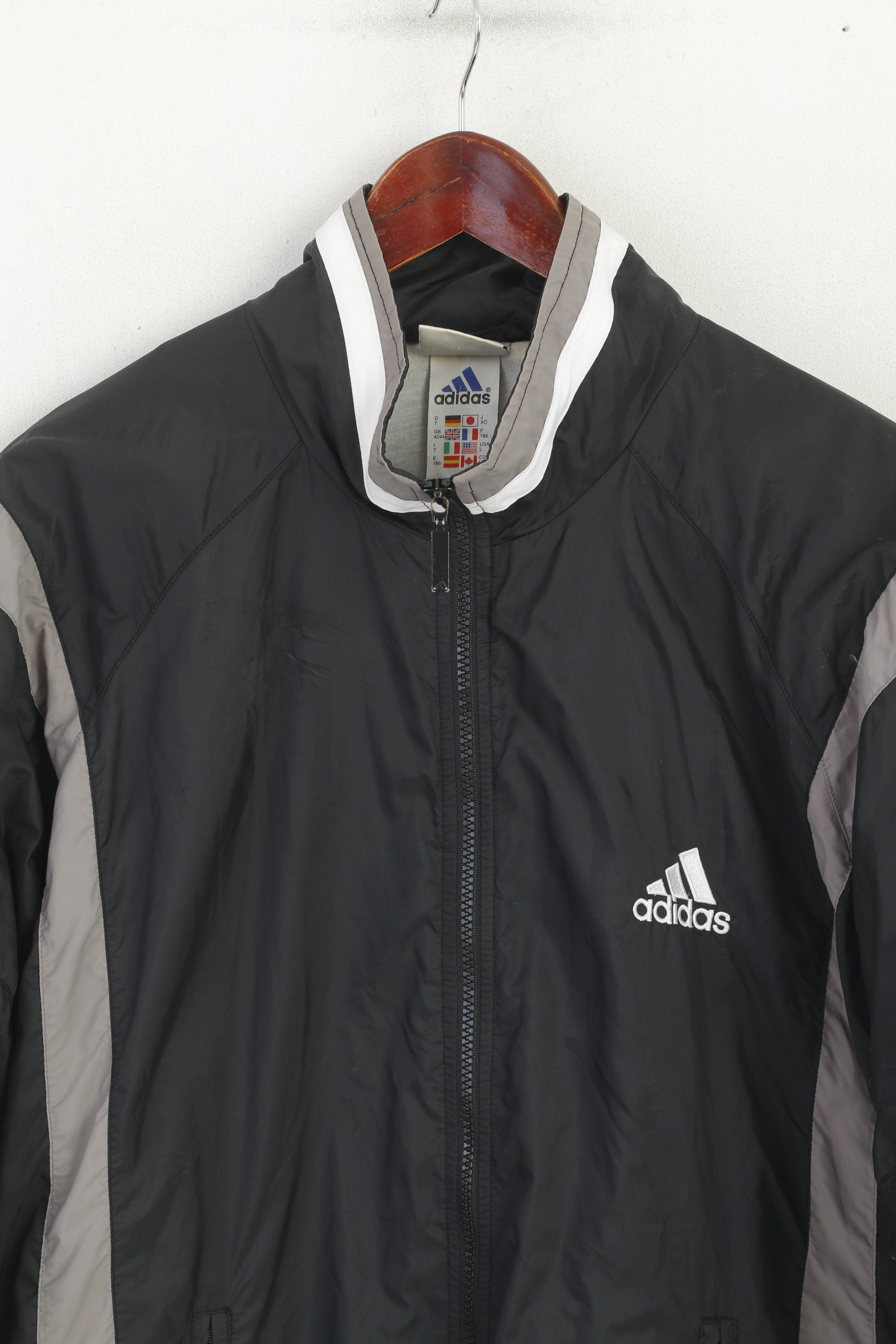 Adidas Men L 186 Jacket Black Vintage Nylon Bomber '00 Full Zipper