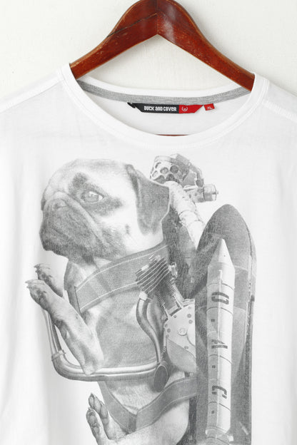 Duck and Cover Men XL (L) T- Shirt White Cotton Graphic Crew Neck Pug Jeatpag Top