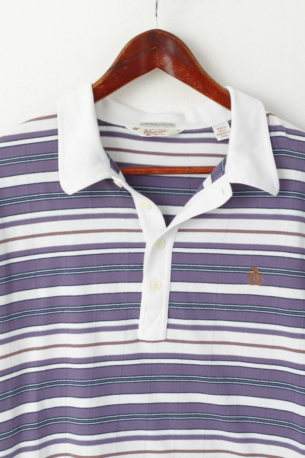 Penguin Uomo M Polo Camicia Viola Cotone a Righe Viola Heritage Slim Fit Top