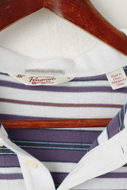 Penguin Men M Polo Shirt Violet Cotton Striped Purple Heritage Slim Fit Top