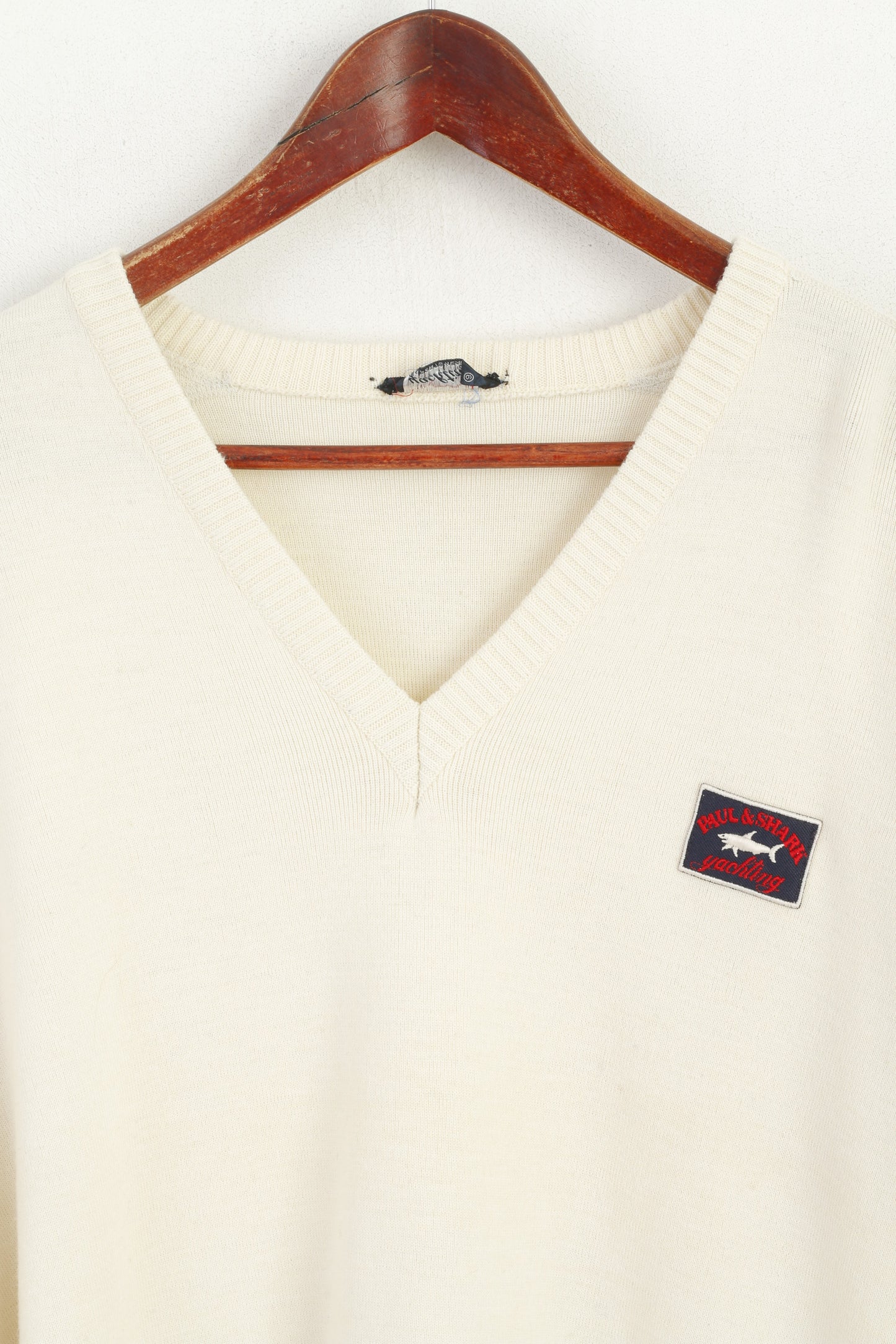 Paul & Shark Yachting Men 6 L Jumper Beige Vintage Wool Patches V Neck Sweater