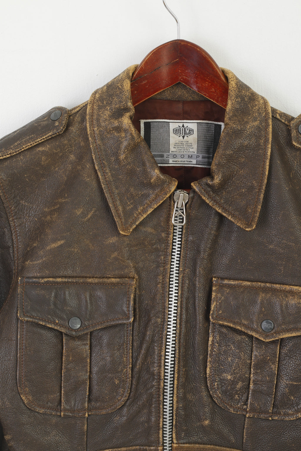 Zoomp Women M (S) Jacket Brown  Leather Vintage Biker Full Zipper Pilot Top