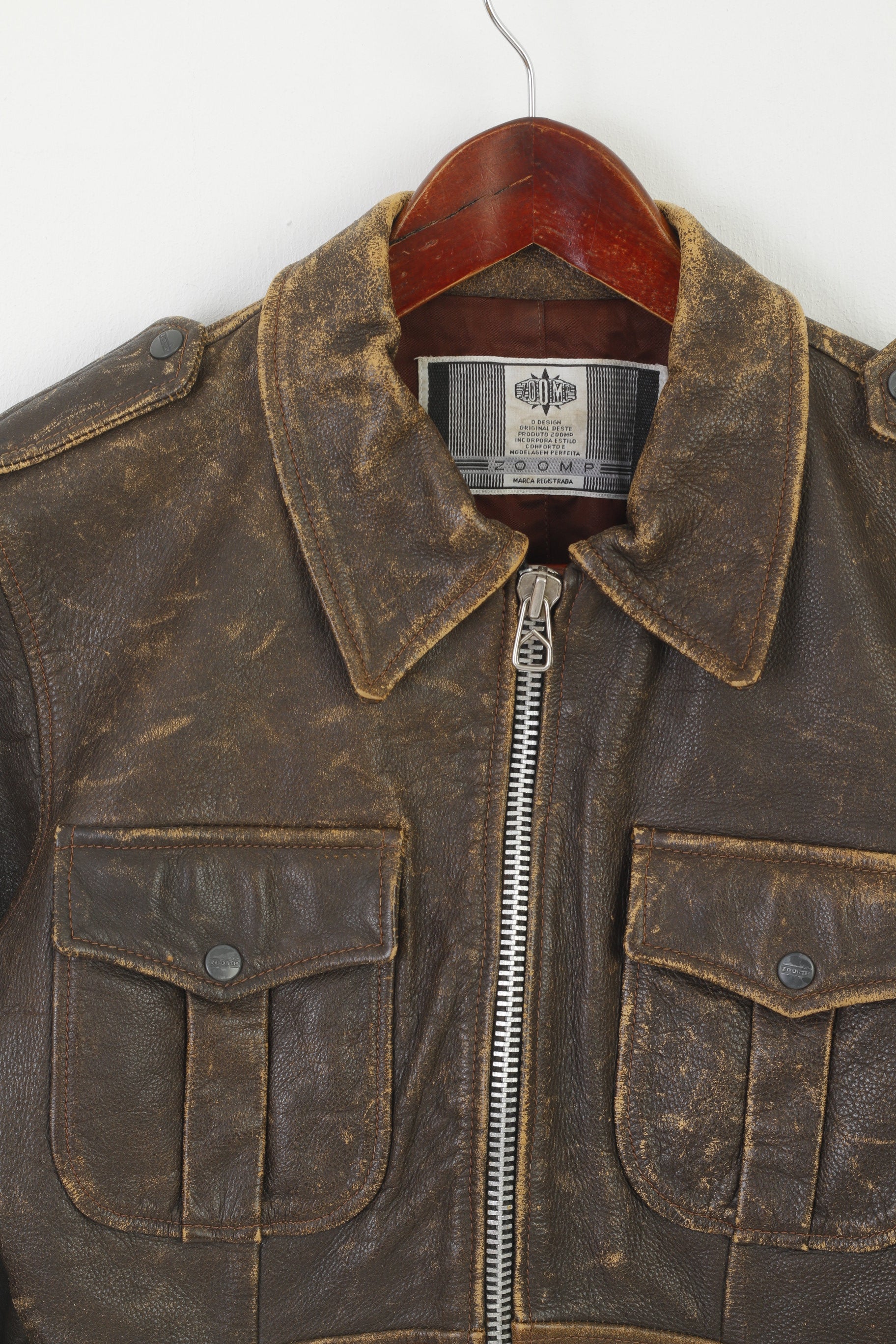 Zoomp Women M (S) Jacket Brown  Leather Vintage Biker Full Zipper Pilot Top