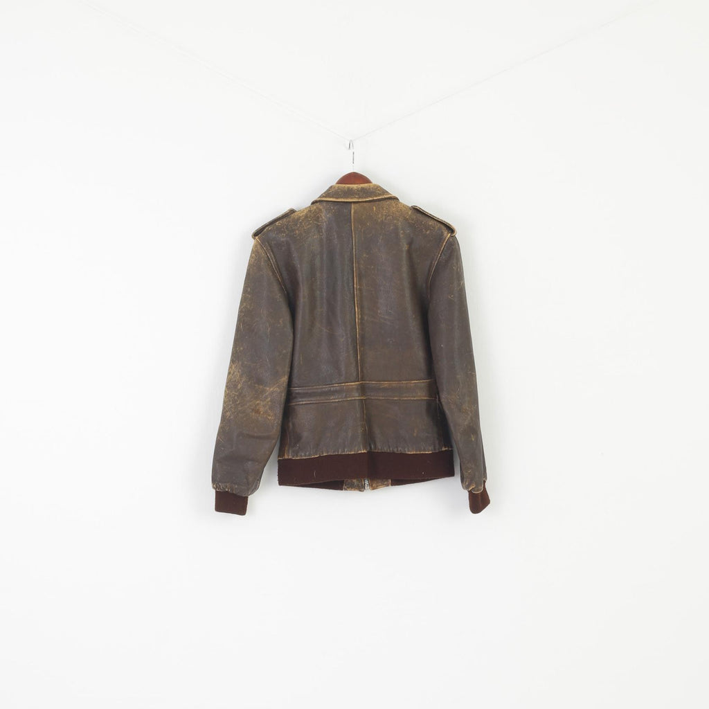 Zoomp Women M (S) Jacket Brown  Leather Vintage Biker Full Zipper Pilot Top