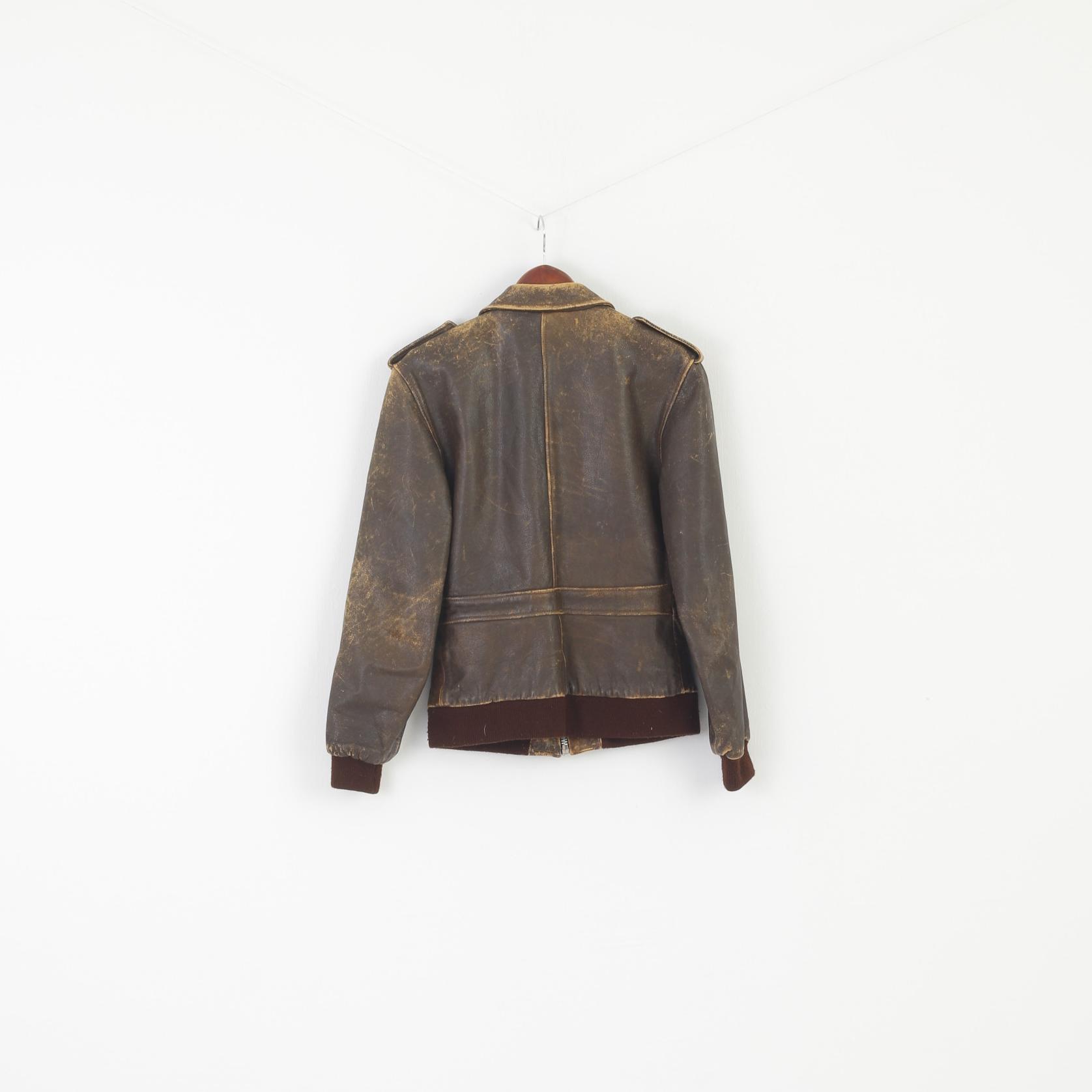 Zoomp Women M (S) Jacket Brown  Leather Vintage Biker Full Zipper Pilot Top