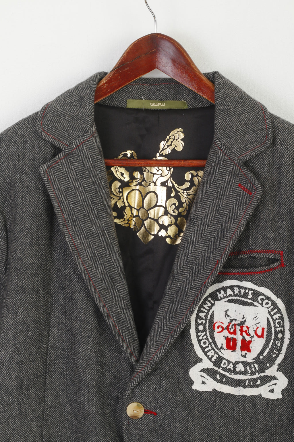 Guru Men XL Blazer Gris Laine Herringbone Jam Session Veste vintage à simple boutonnage