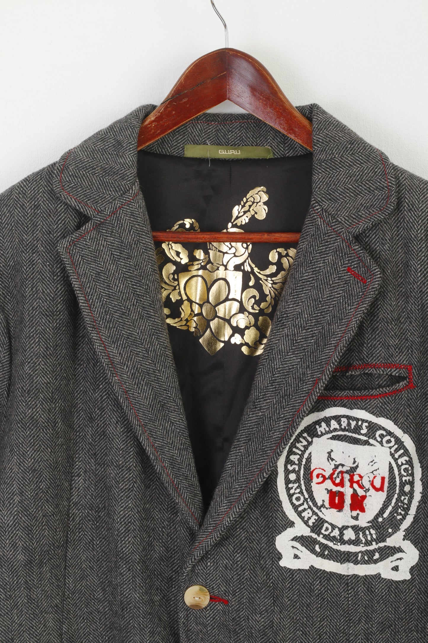 Guru Men XL Blazer in lana grigia a spina di pesce Jam Session Giacca vintage monopetto