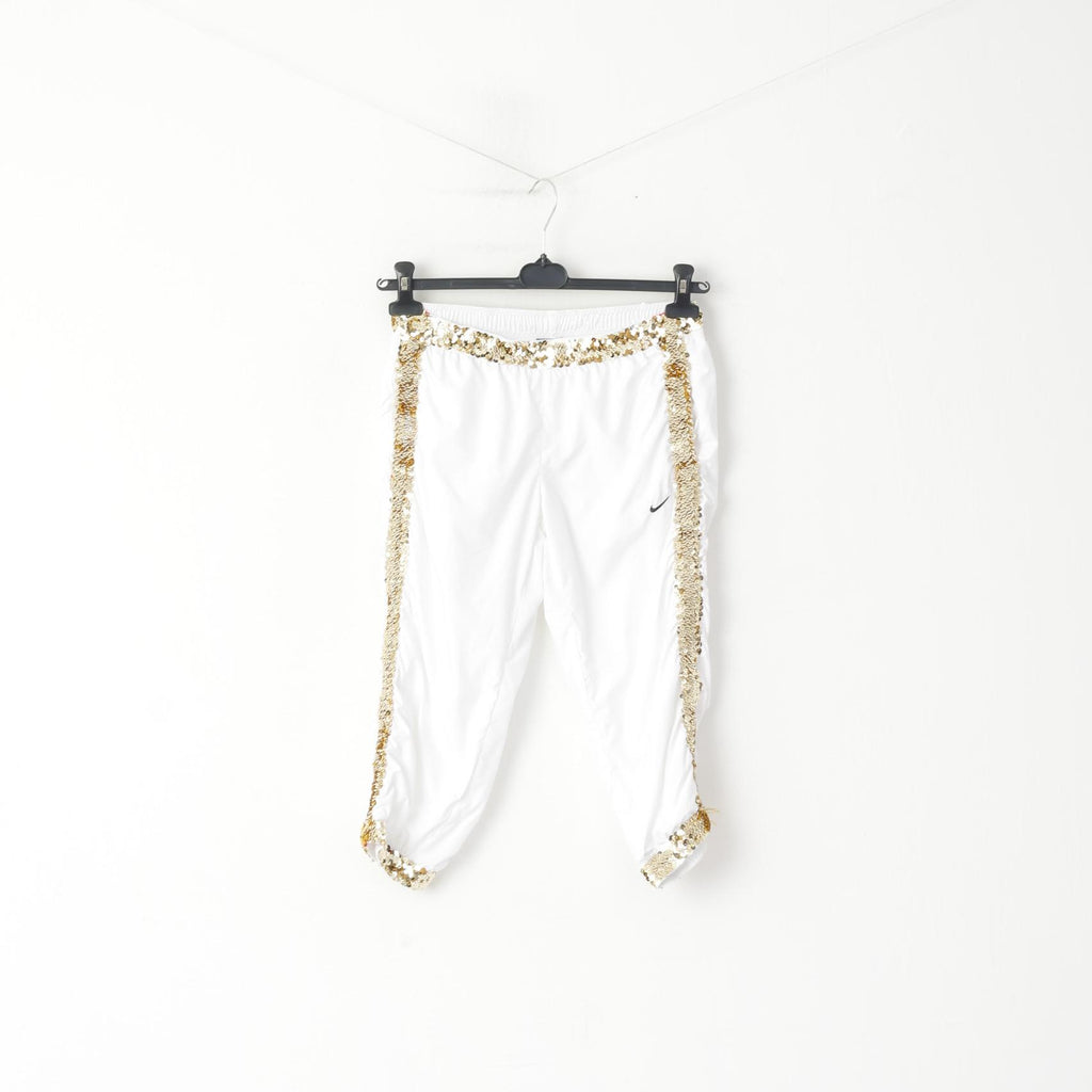 Nike Pantalon court XS pour femme avec paillettes dorées blanches et pantalon de sport fabriqué à la main