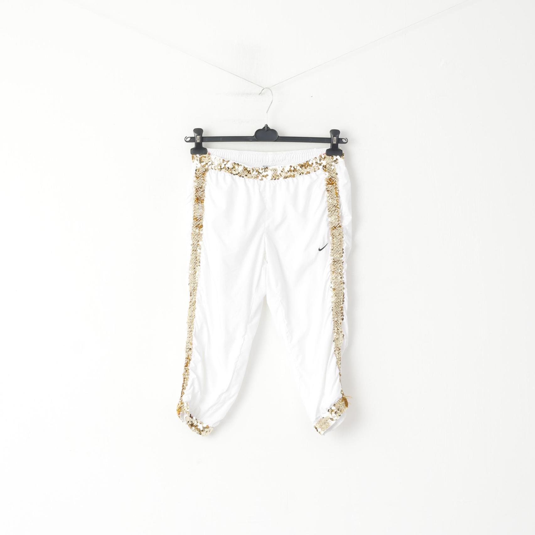 Nike Women XS Cropped Trousers White  Gold Sequins Hand Made Sport Pants