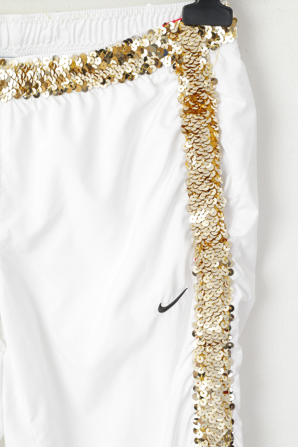 Nike Pantalon court XS pour femme avec paillettes dorées blanches et pantalon de sport fabriqué à la main