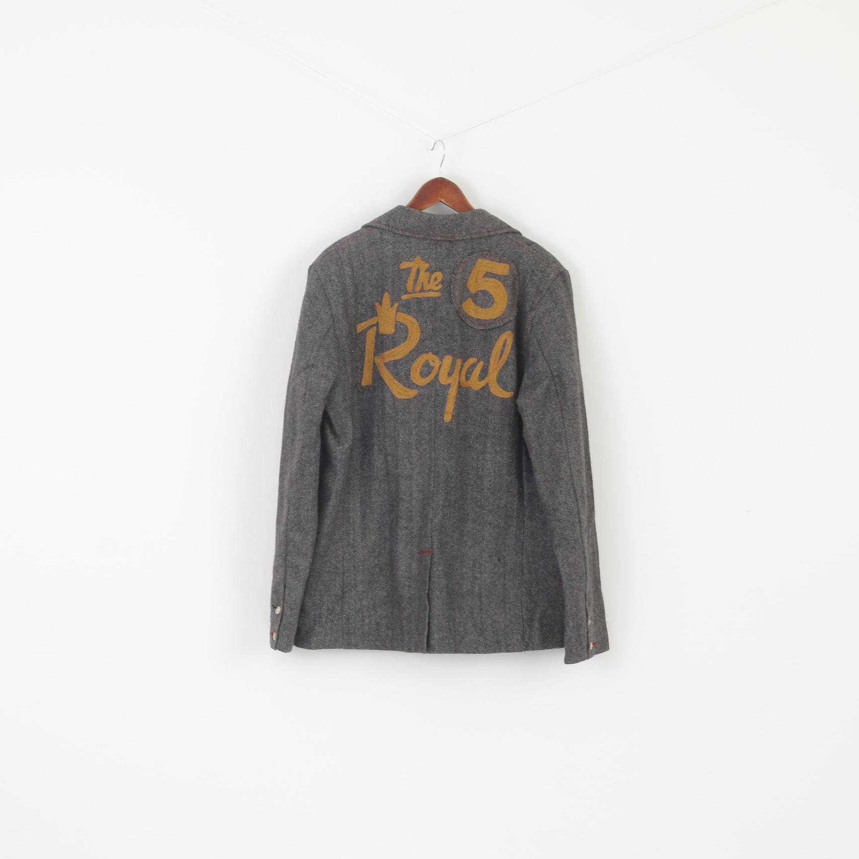Guru Men XL Blazer Gris Laine Herringbone Jam Session Veste vintage à simple boutonnage