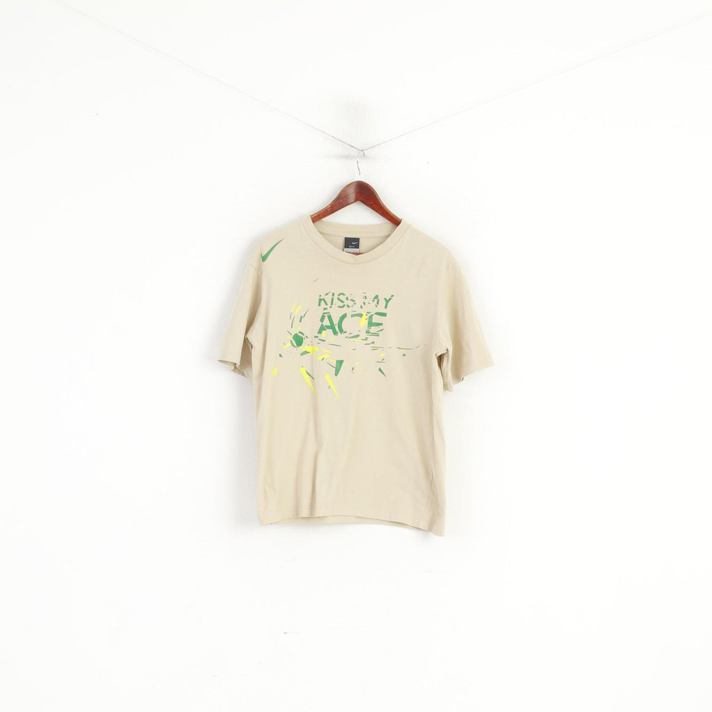 T-shirt Nike S 173 da uomo in cotone beige Kiss My Ace, top sportivo girocollo vintage