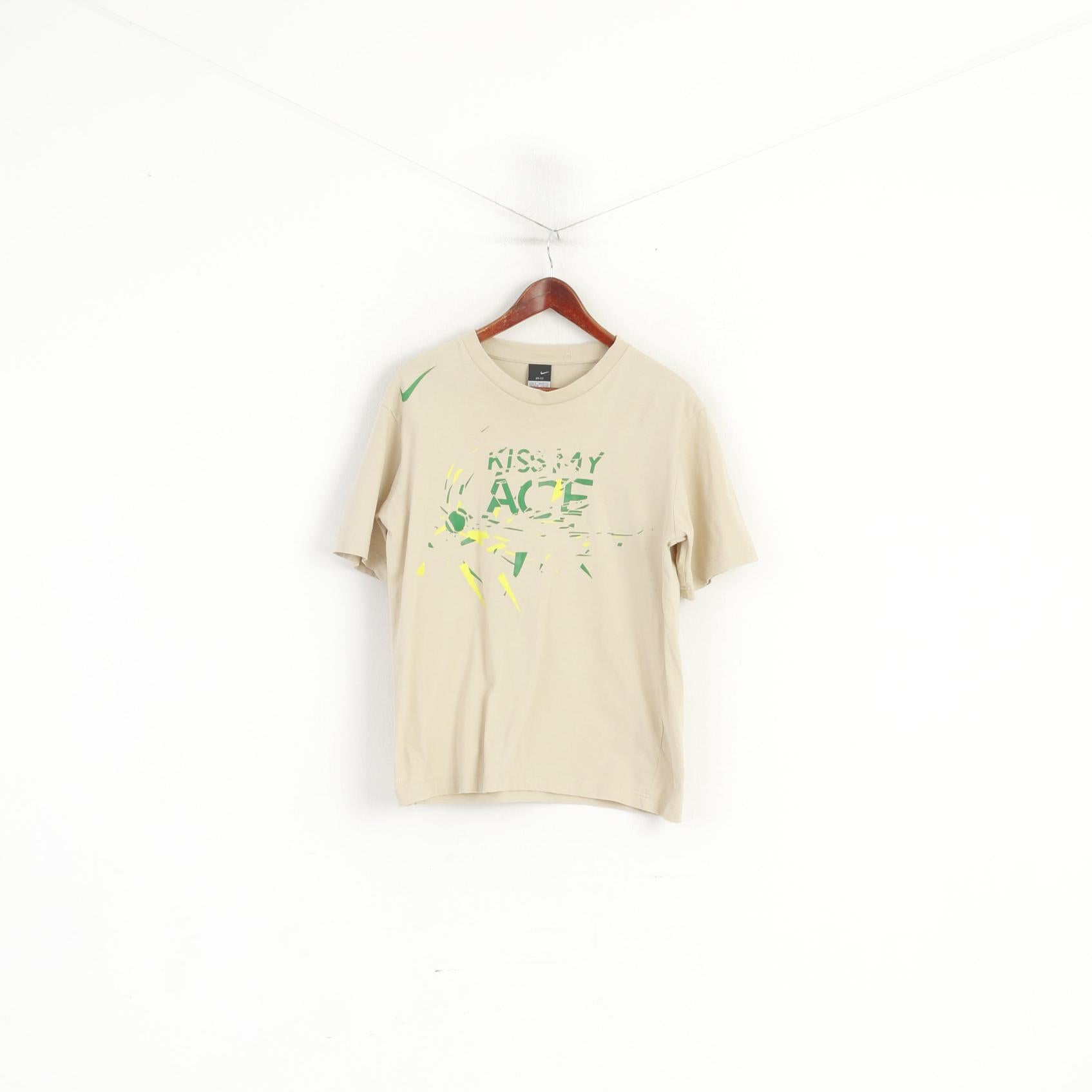 T-shirt Nike S 173 da uomo in cotone beige Kiss My Ace, top sportivo girocollo vintage