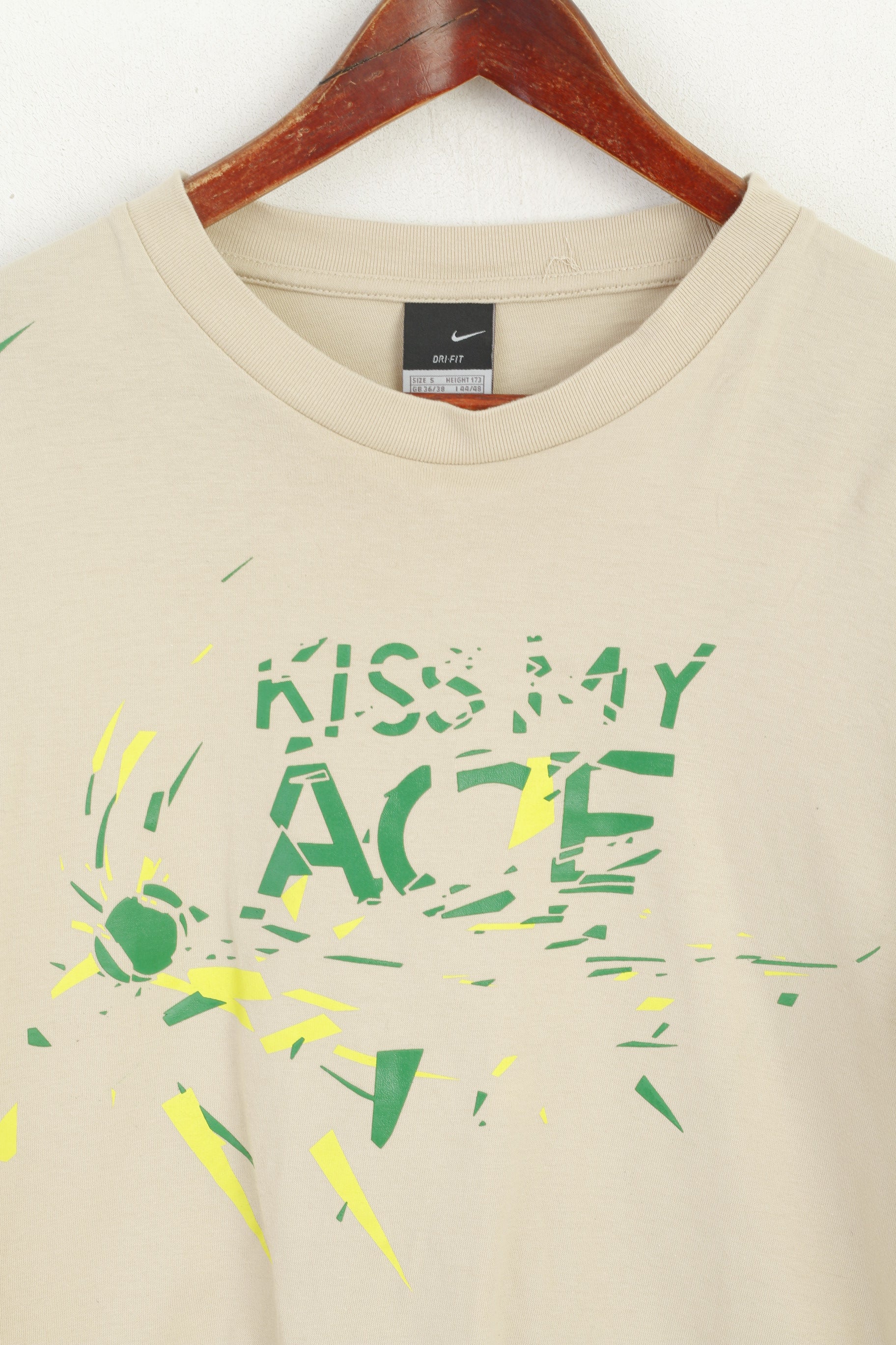 T-shirt Nike S 173 da uomo in cotone beige Kiss My Ace, top sportivo girocollo vintage
