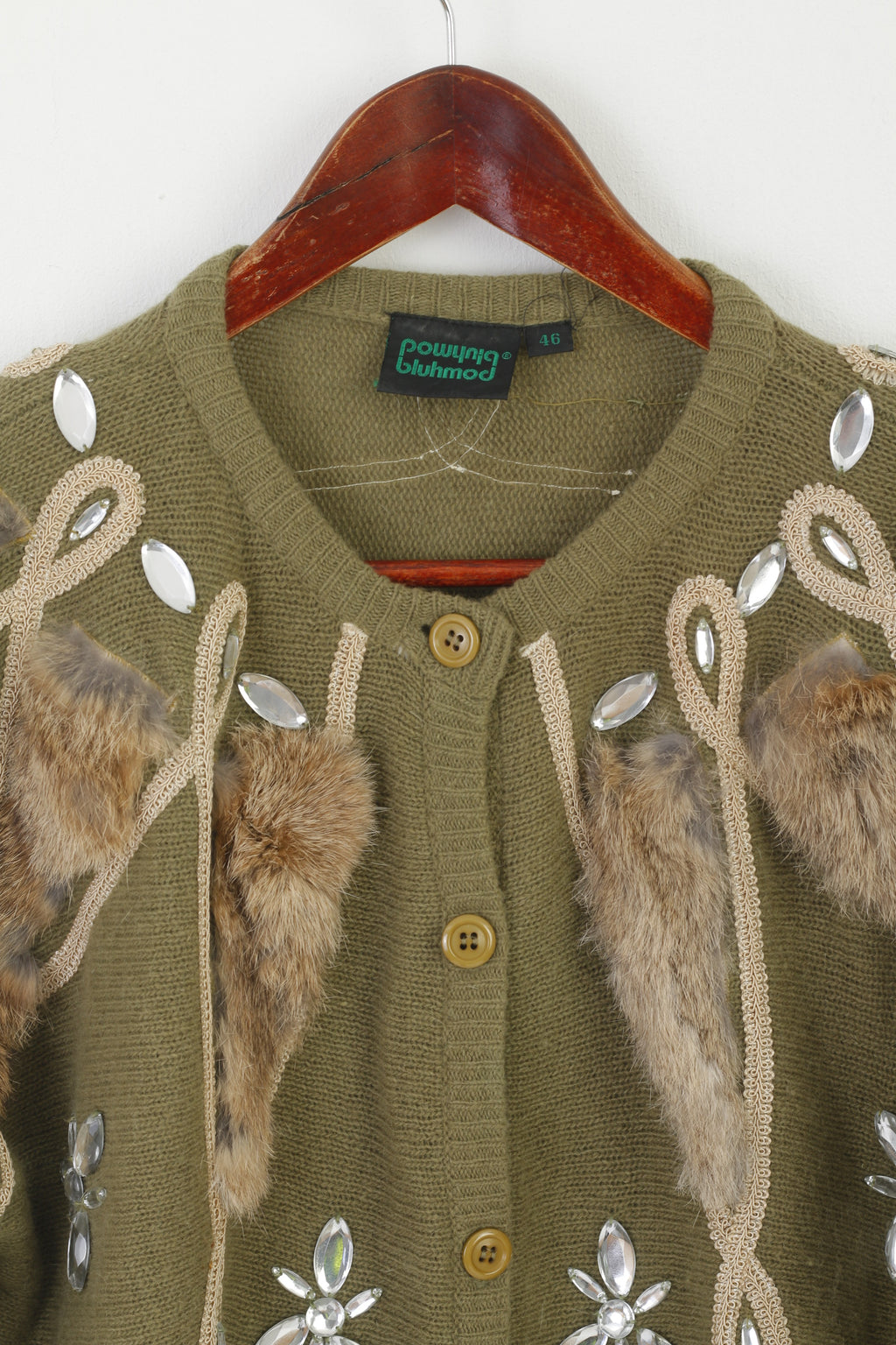 Bluhmod Femmes 46 L Cardigan Vert Laine Angora Vintage Embelli Pull