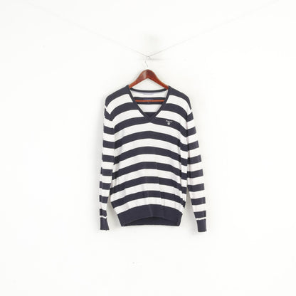 Gant Men L (M) Jumper Navy Striped Marine 100% Cotton V Neck Classic Sweater
