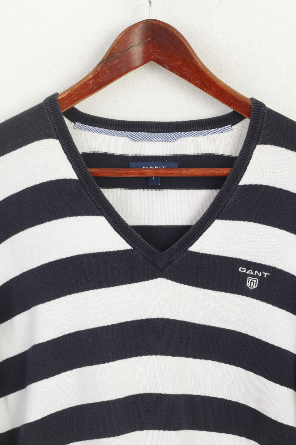 Gant Men L (M) Jumper Navy Striped Marine 100% Cotton V Neck Classic Sweater