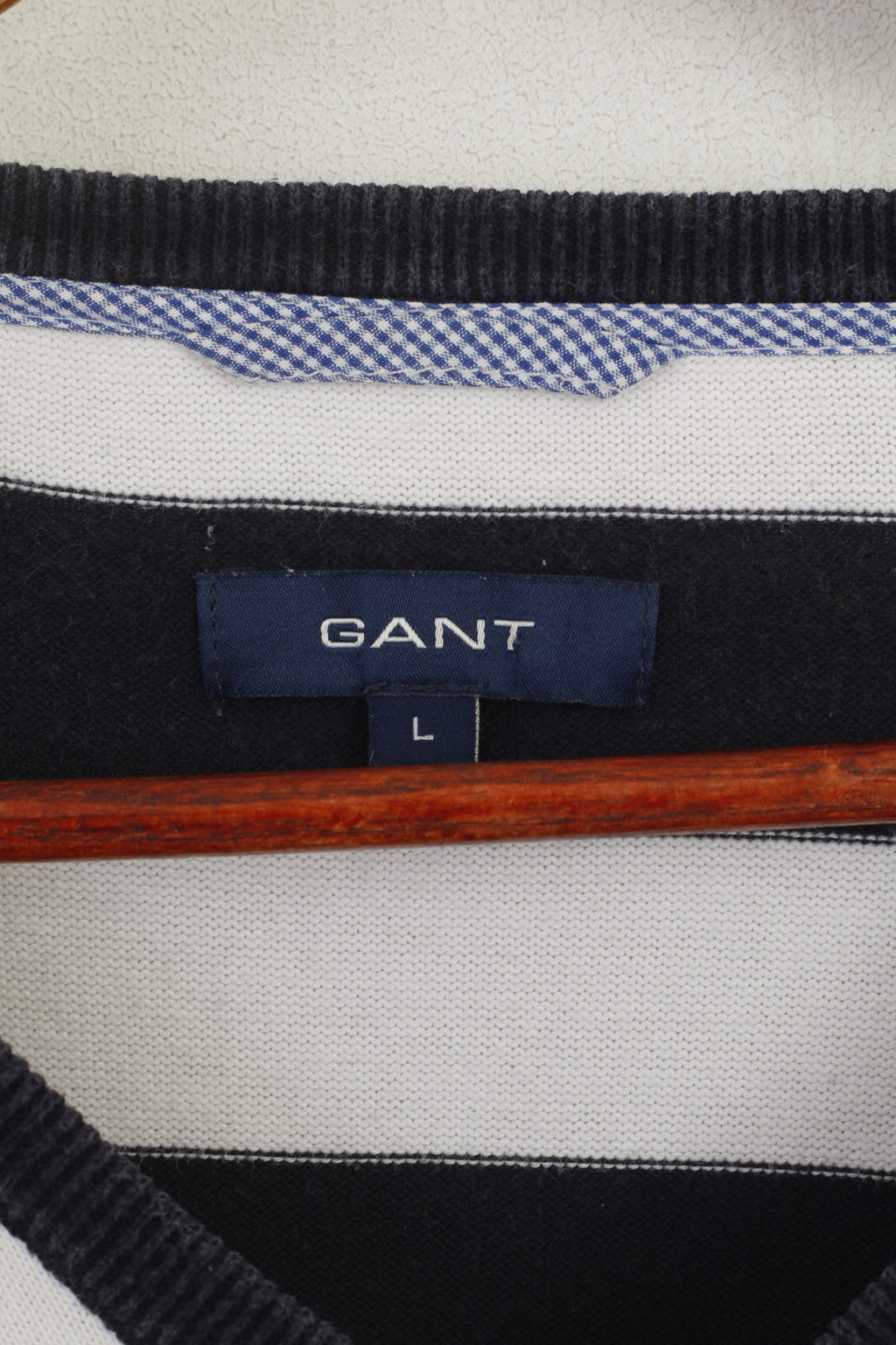 Gant Men L (M) Jumper Navy Striped Marine 100% Cotton V Neck Classic Sweater