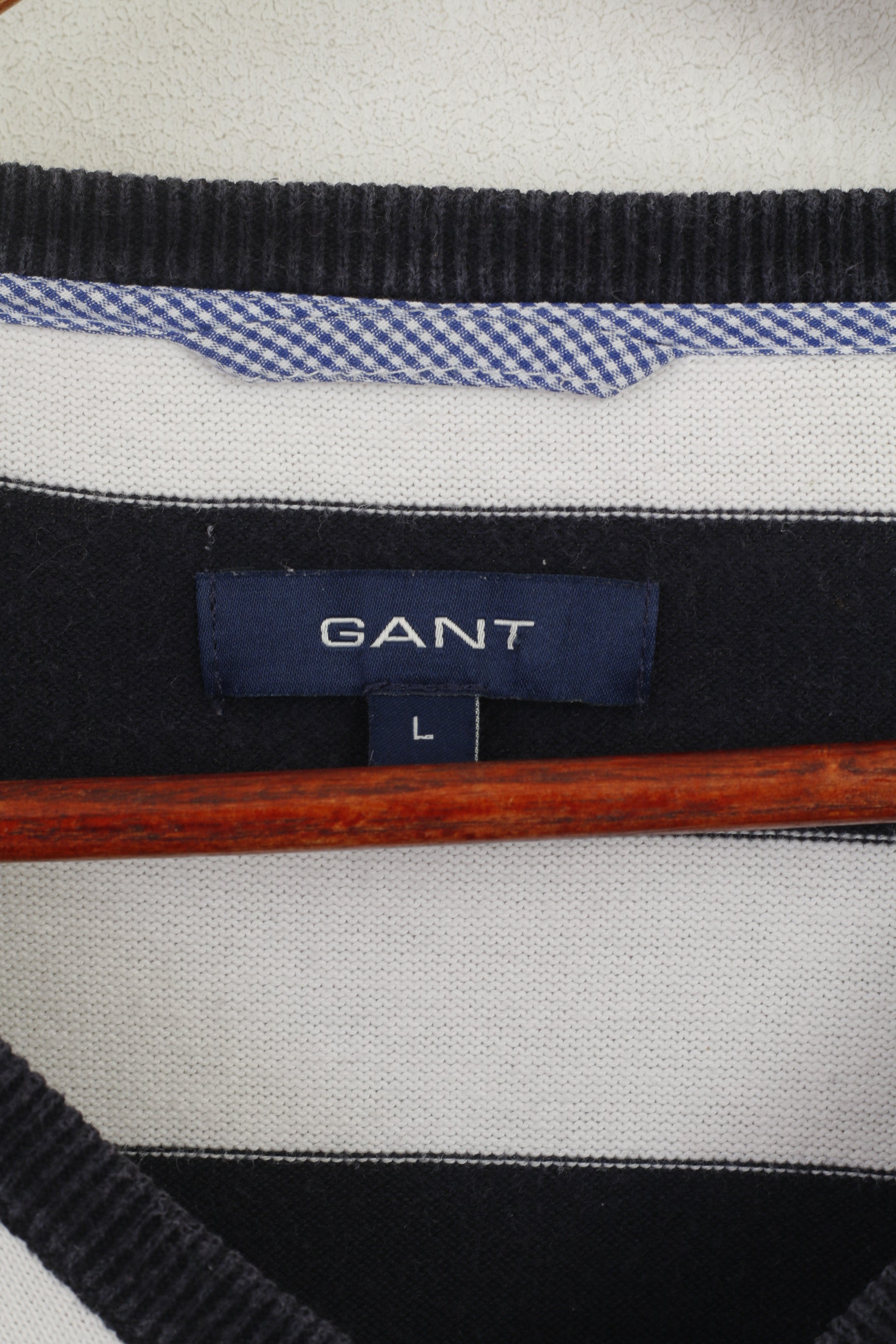 Gant Men L (M) Jumper Navy Striped Marine 100% Cotton V Neck Classic Sweater