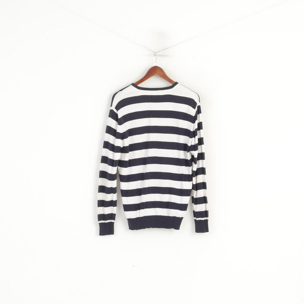 Gant Men L (M) Jumper Navy Striped Marine 100% Cotton V Neck Classic Sweater