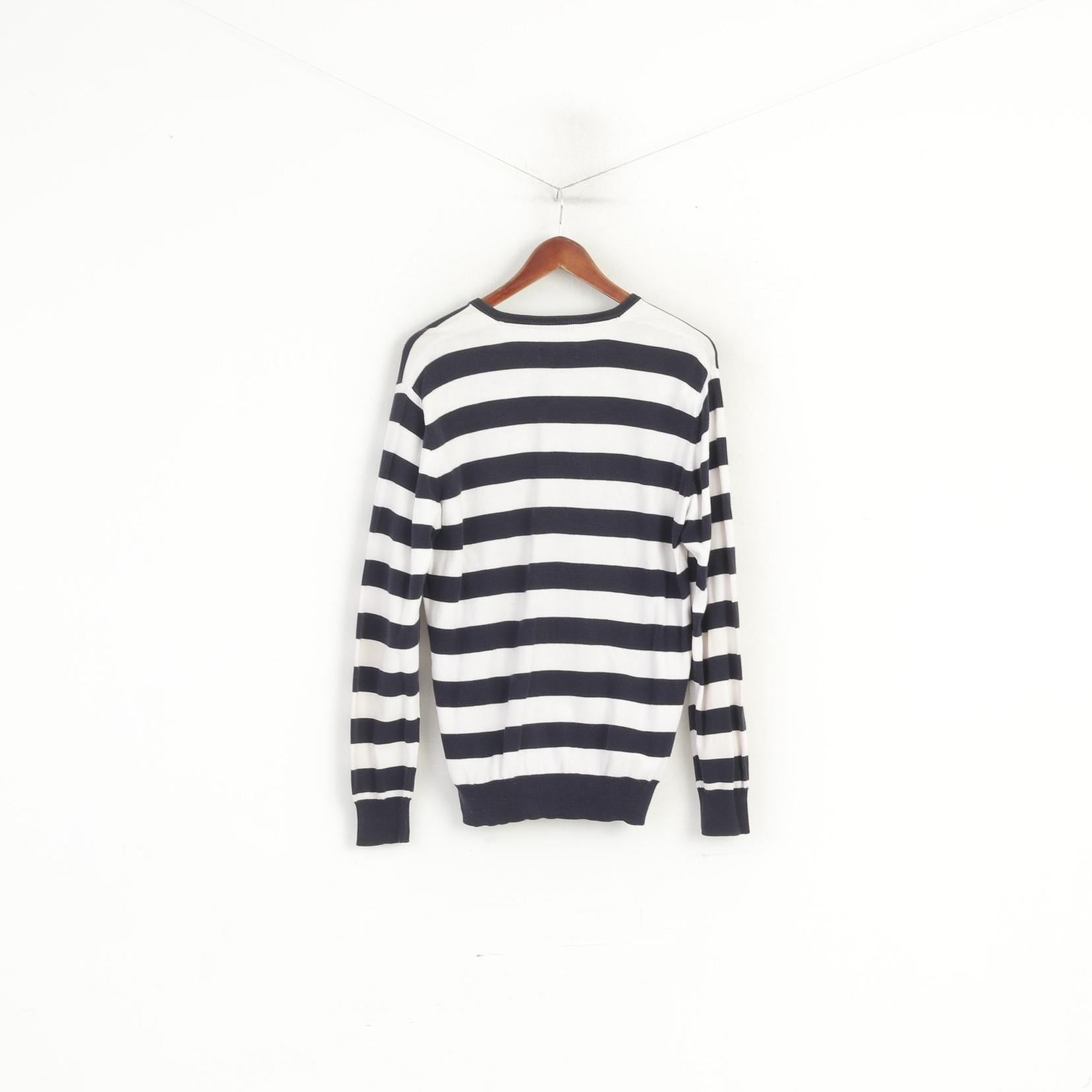 Gant Men L (M) Jumper Navy Striped Marine 100% Cotton V Neck Classic Sweater