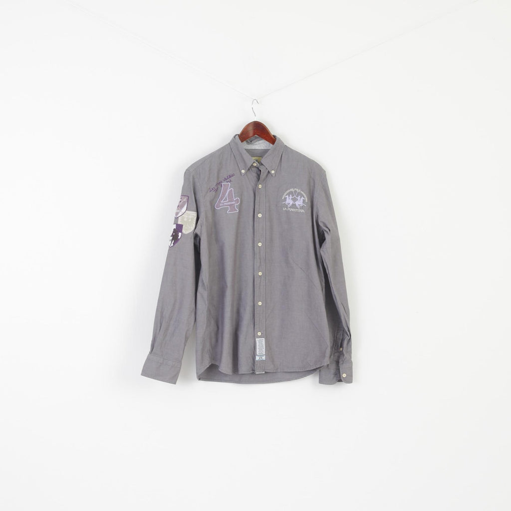 La Martina Men M Casual Shirt Purple Cotton French Alps Polo Argentino Long Sleeve Top