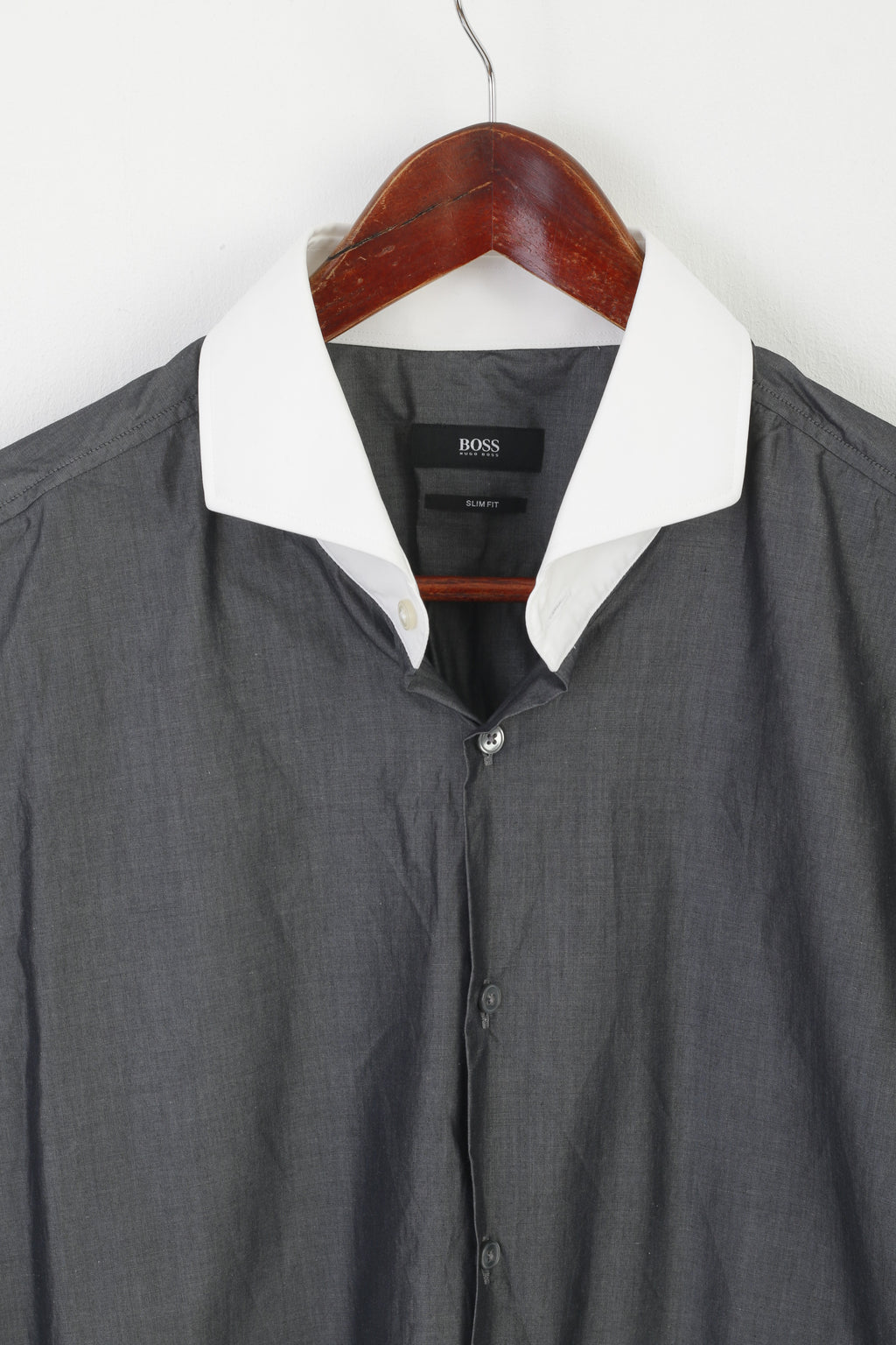 Hugo Boss Men 44 17.5 L Casual Shirt Gray Cotton Slim Fit Long Sleeve Elegant Top