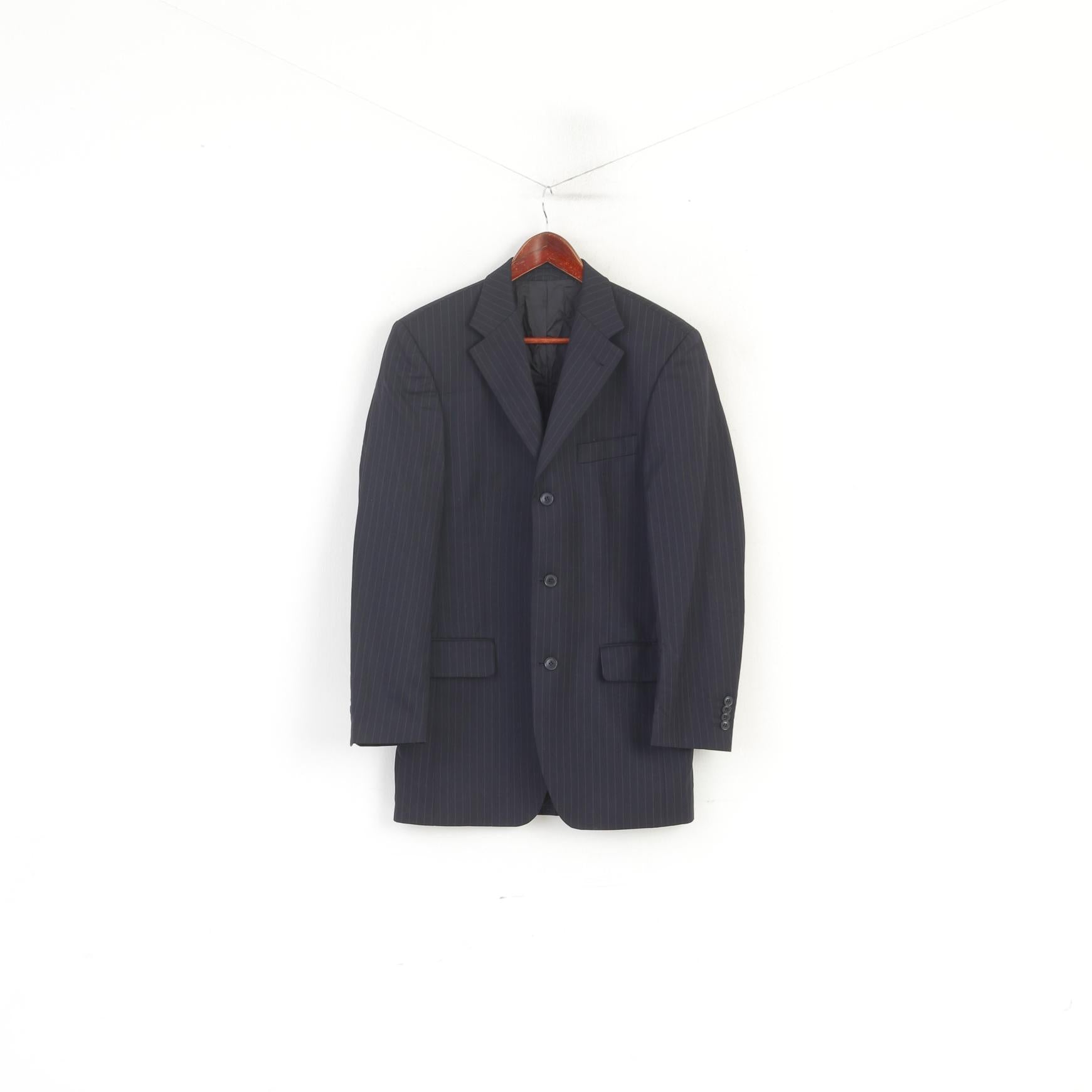 Roy Robson Men 38 Blazer Black Striped 100% Wool Italy Single Breasted Jacket