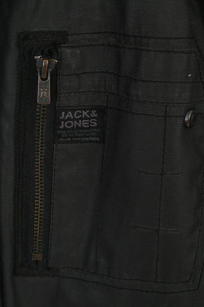 Jack &amp; Jones Hommes M Veste Noir Cire Coton Rembourré Rewind Style Zip Up Top