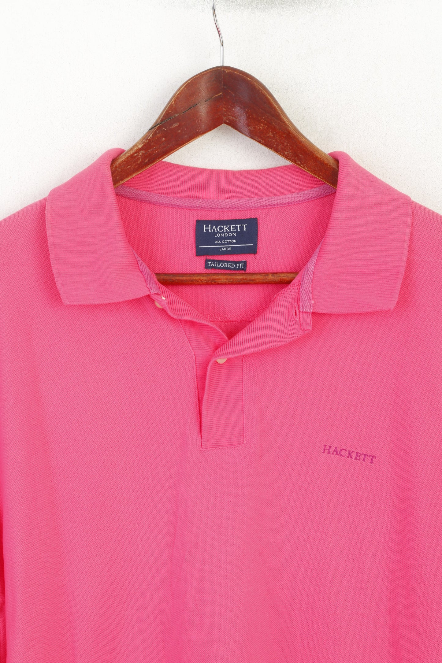 Hackett London Men L Polo Shirt Pink Stretch Cotton Detailed Buttons Long Sleeve Top