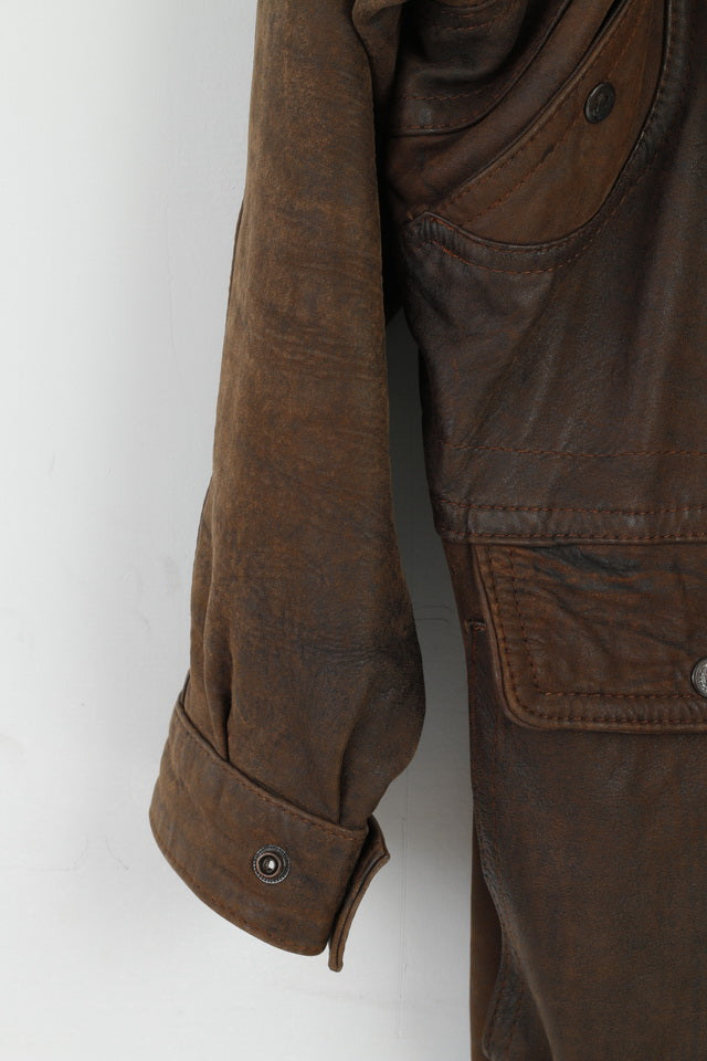 Confection Vetements Men 3 L Jacket Brown Leather  Full Zipper Shoulder Pads Top