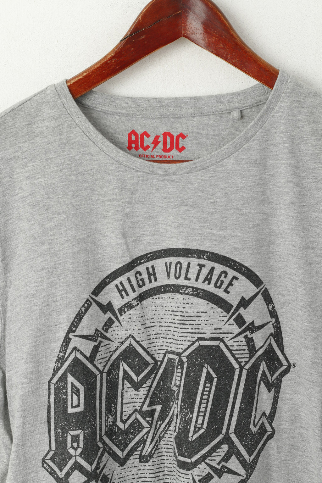 Cedar Wood State Men M Shirt Grey Cotton Grapic AC/DC Voltage Rock N Roll Top